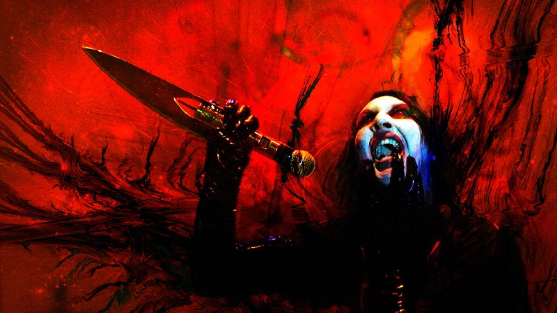 Marilyn Manson, knife, red background, Full HD Desktop Wallpaper