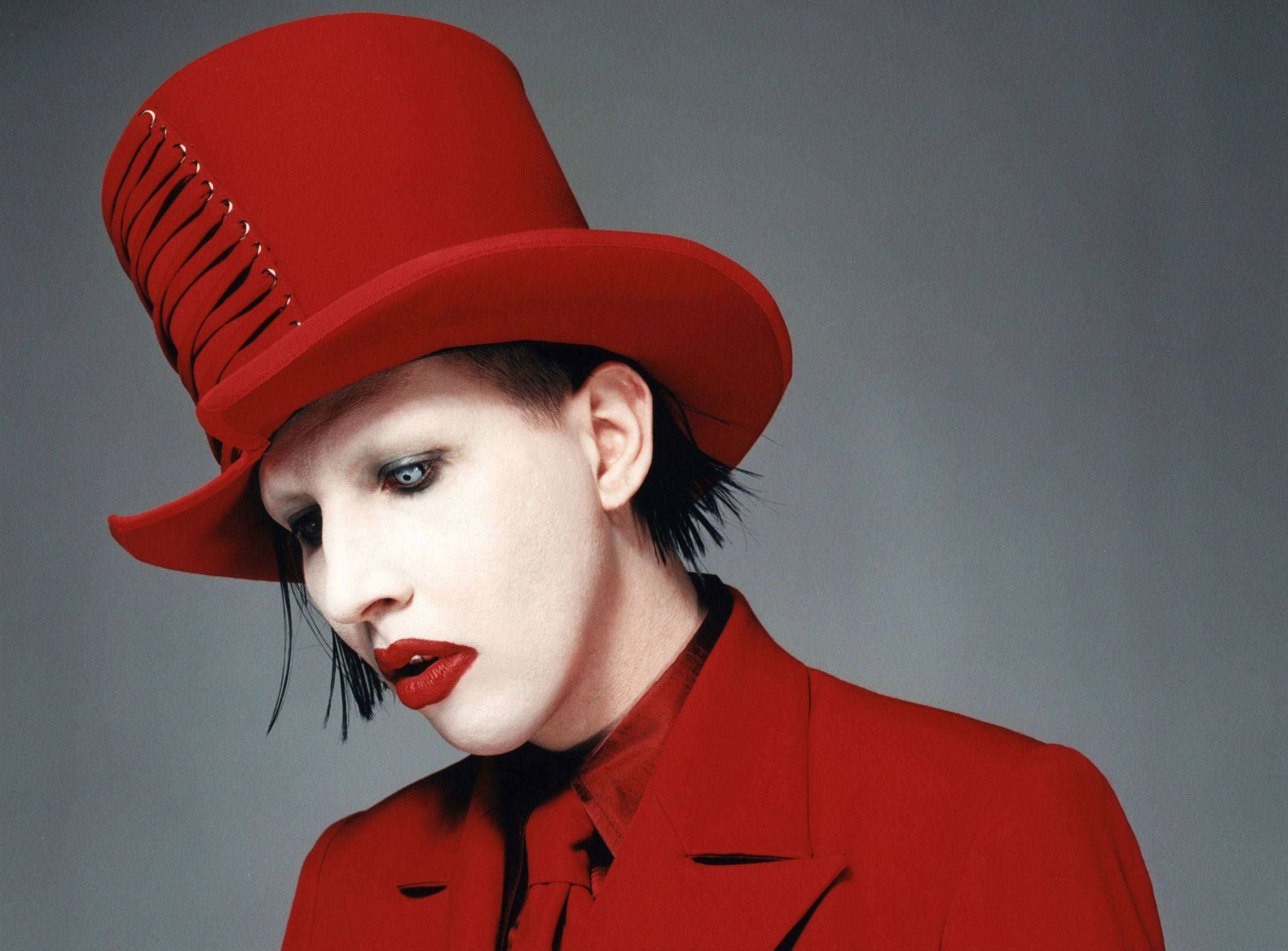 Marilyn Manson, red top hat, matching suit, Full HD Desktop Wallpaper