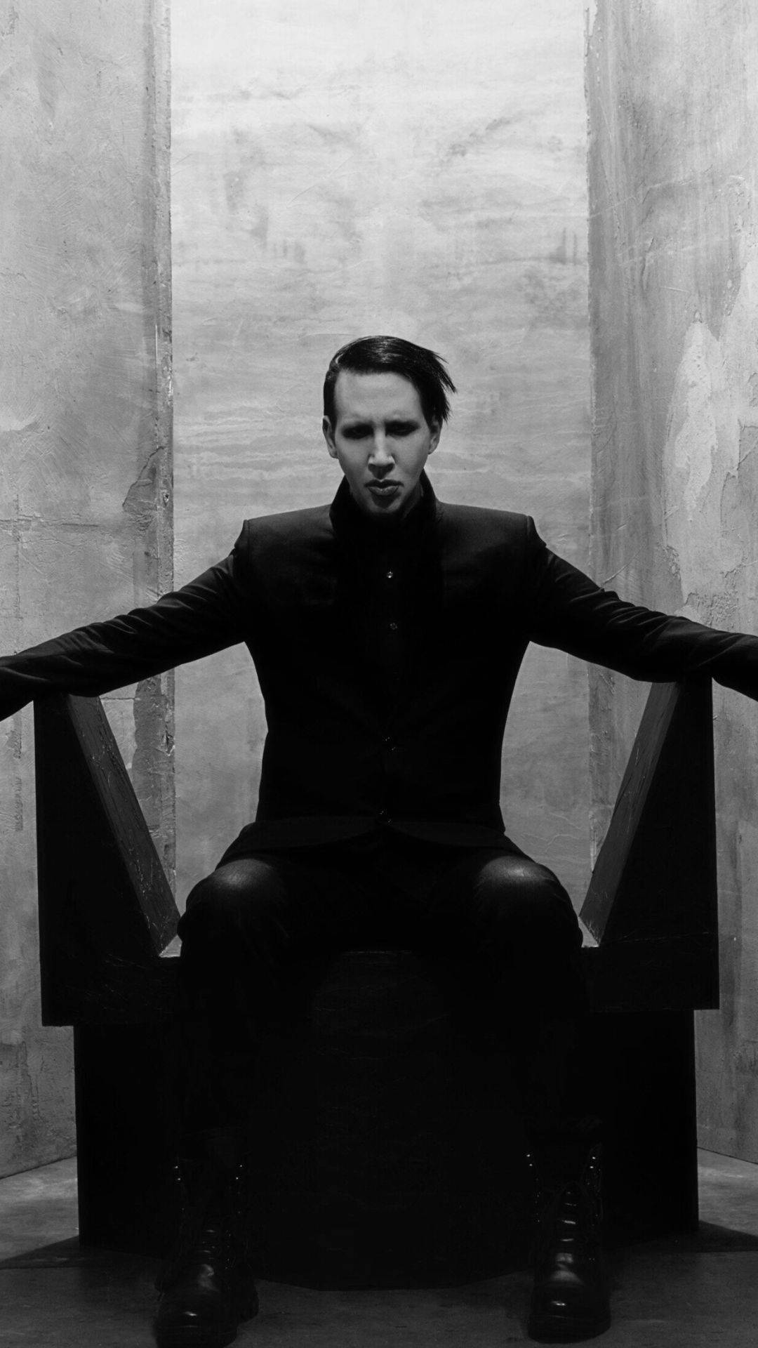Marilyn Manson, black suit, throne-like chair, Full HD Phone Wallpaper