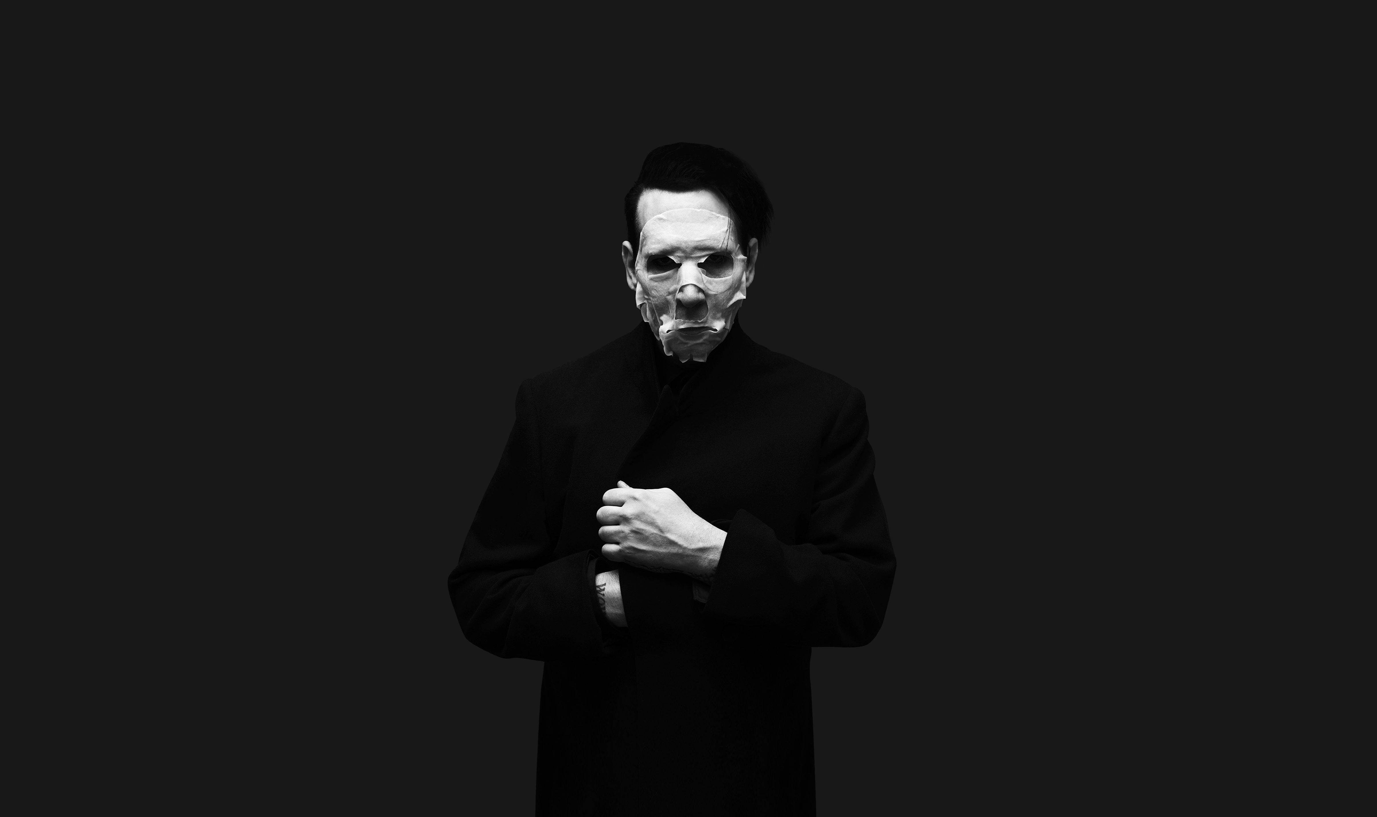 Marilyn Manson, white scary mask, black suit, 4K Desktop Wallpaper