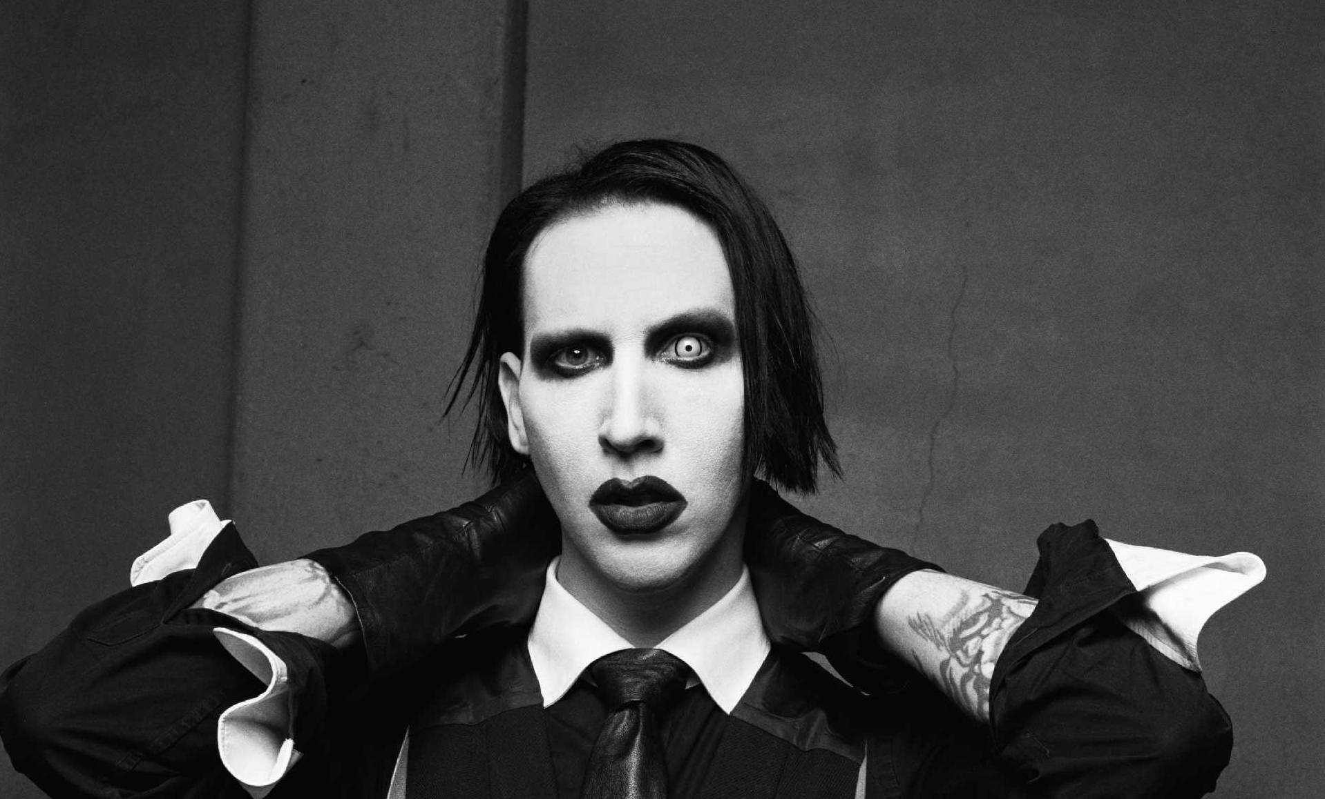 Marilyn Manson, black and white portrait, dramatic makeup, HD Desktop Wallpaper