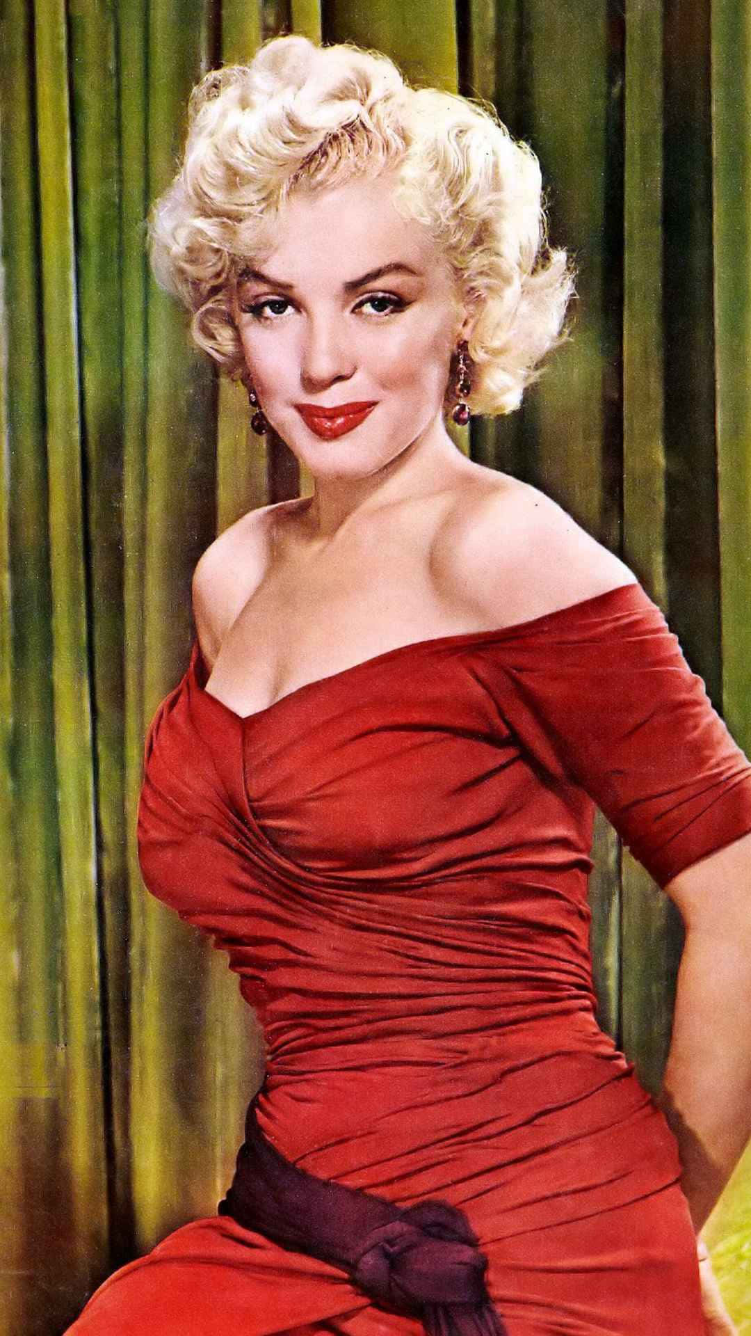 Marilyn Monroe, iPhone, red off-shoulder dress, Full HD Phone Wallpaper