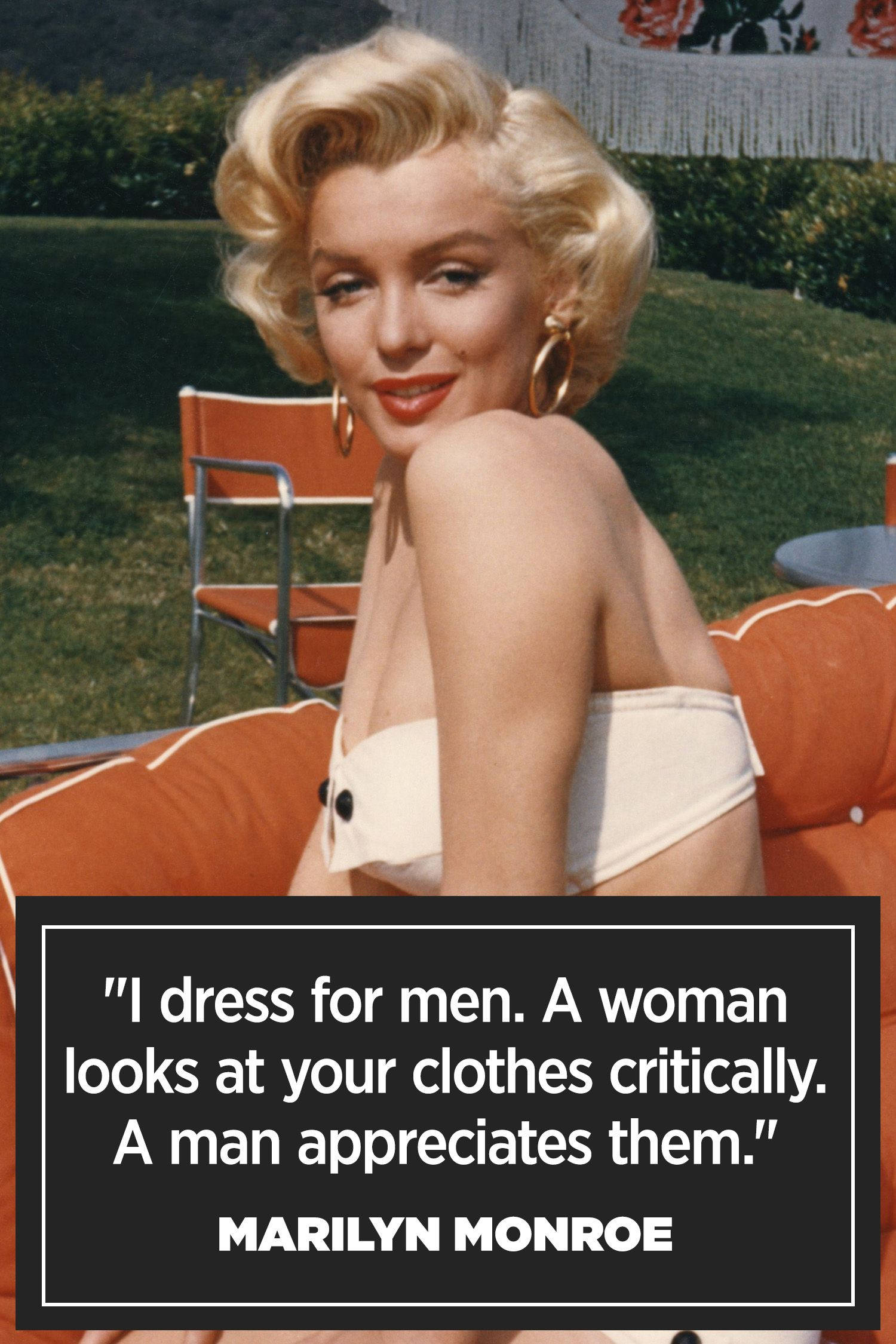 Marilyn Monroe, white bikini, orange couch, Full HD Phone Wallpaper