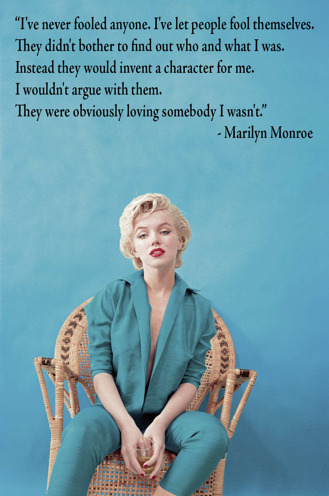 Marilyn Monroe, wicker chair, solid blue backdrop, HD Phone Wallpaper