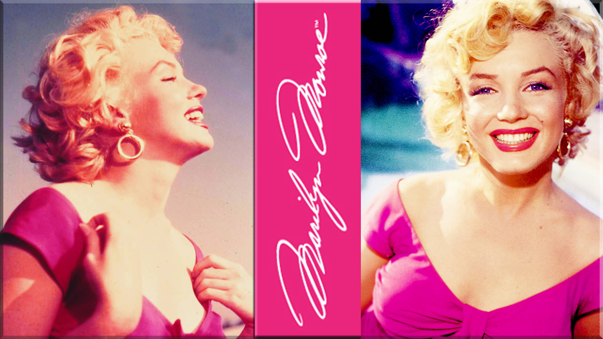 Marilyn Monroe, vibrant pink dress, soft sky backdrop, Full HD Desktop Wallpaper