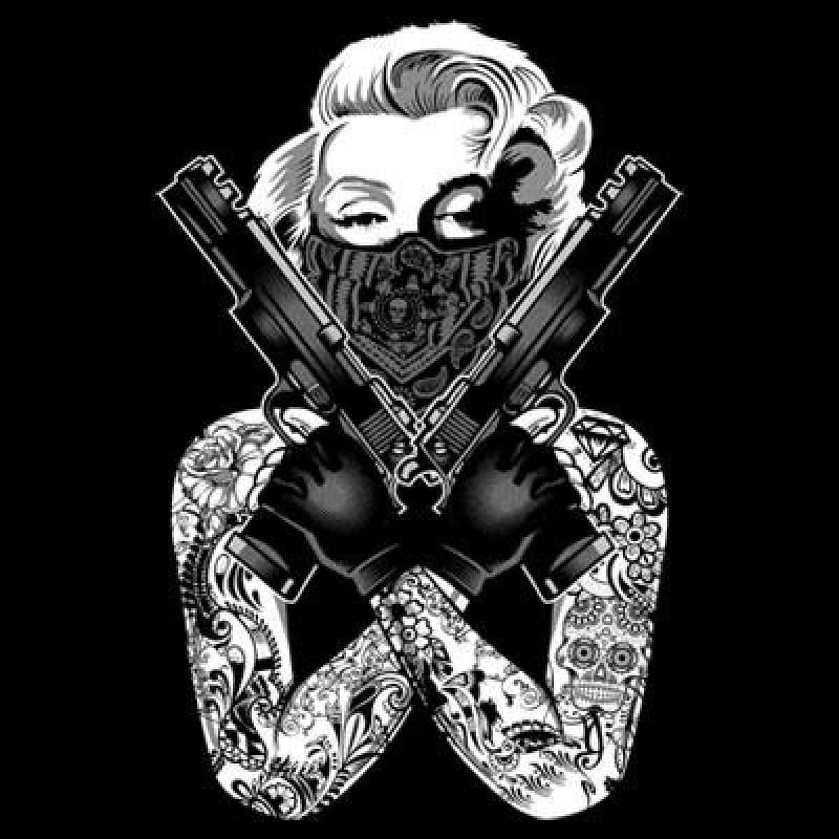 Marilyn Monroe, tattooed arms, crossed pistols, SD Desktop Wallpaper