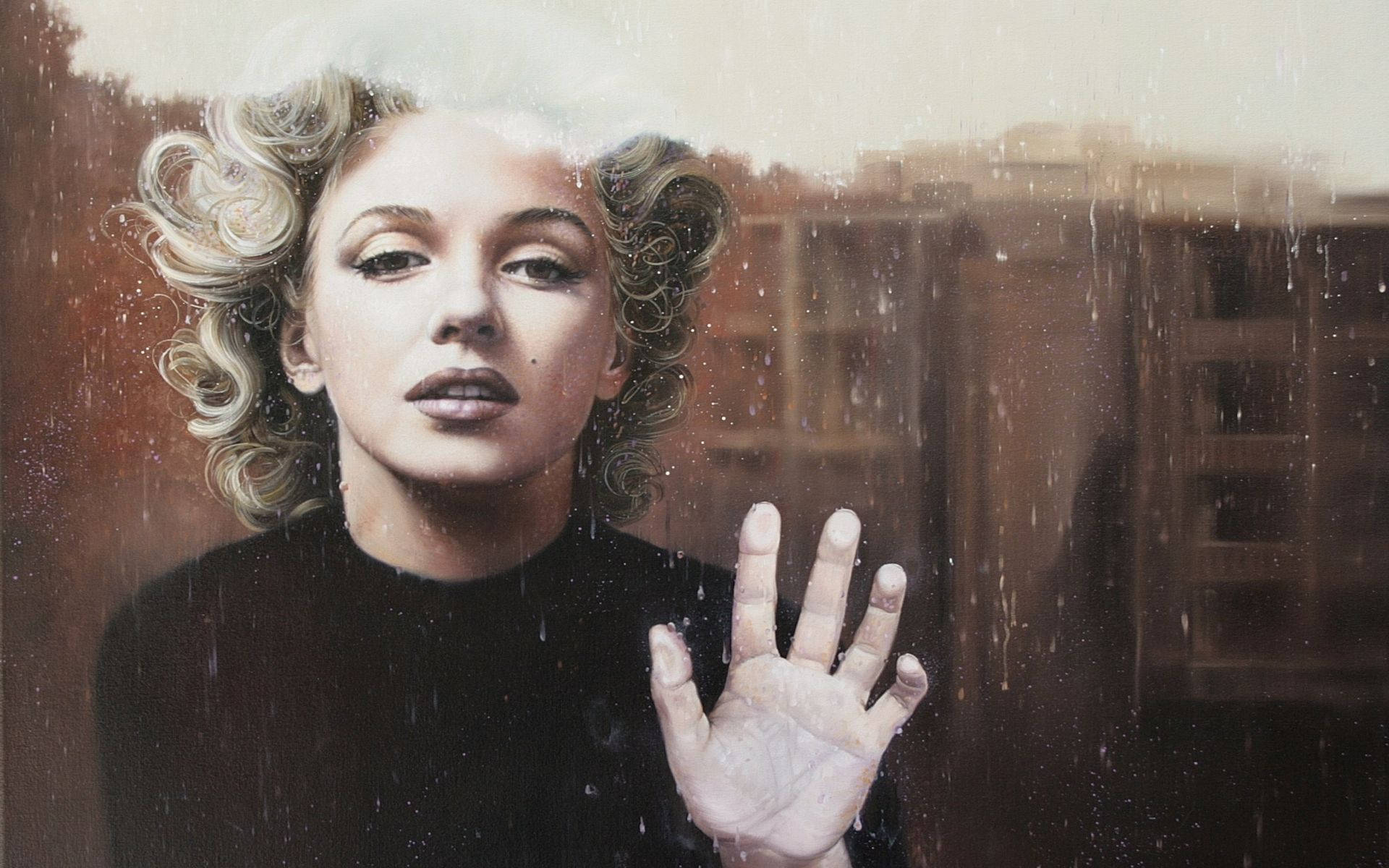 Marilyn Monroe, blonde curls, rain-streaked glass, Full HD Desktop Wallpaper