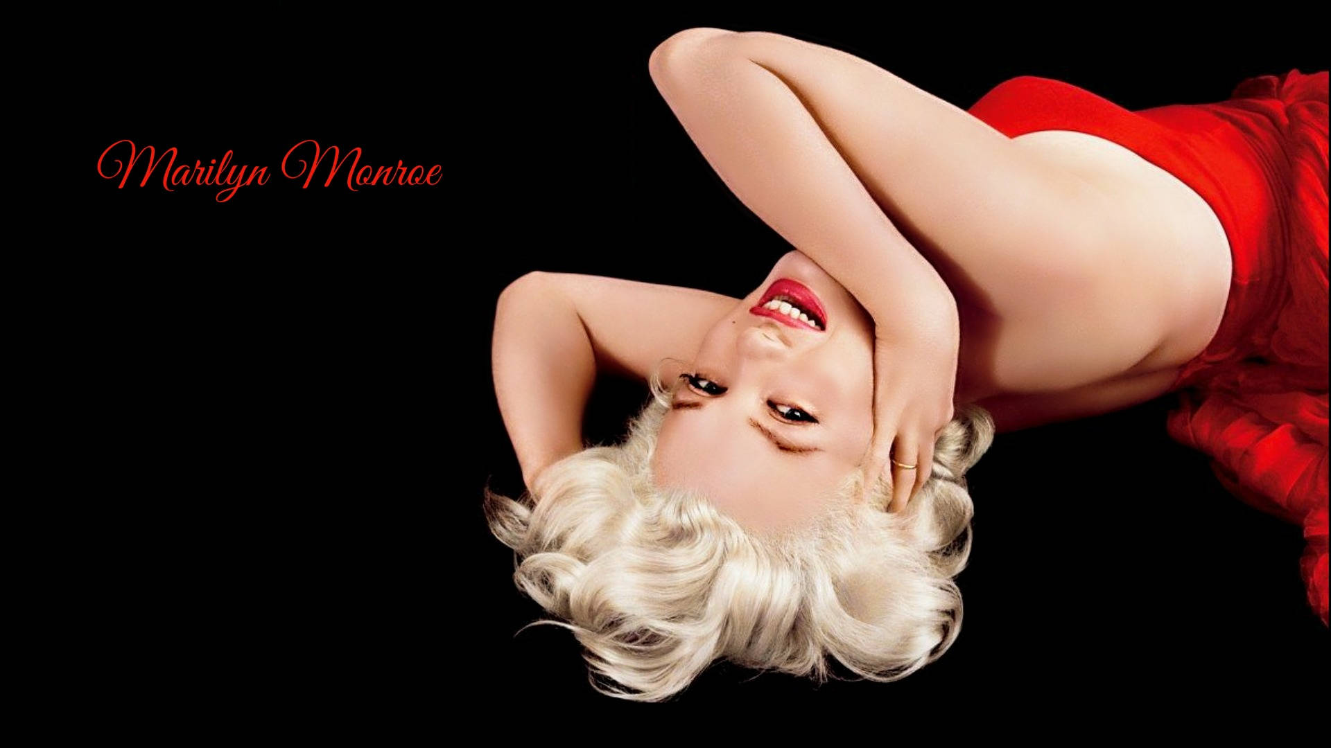 Marilyn Monroe, red dress, black background, Full HD Desktop Wallpaper