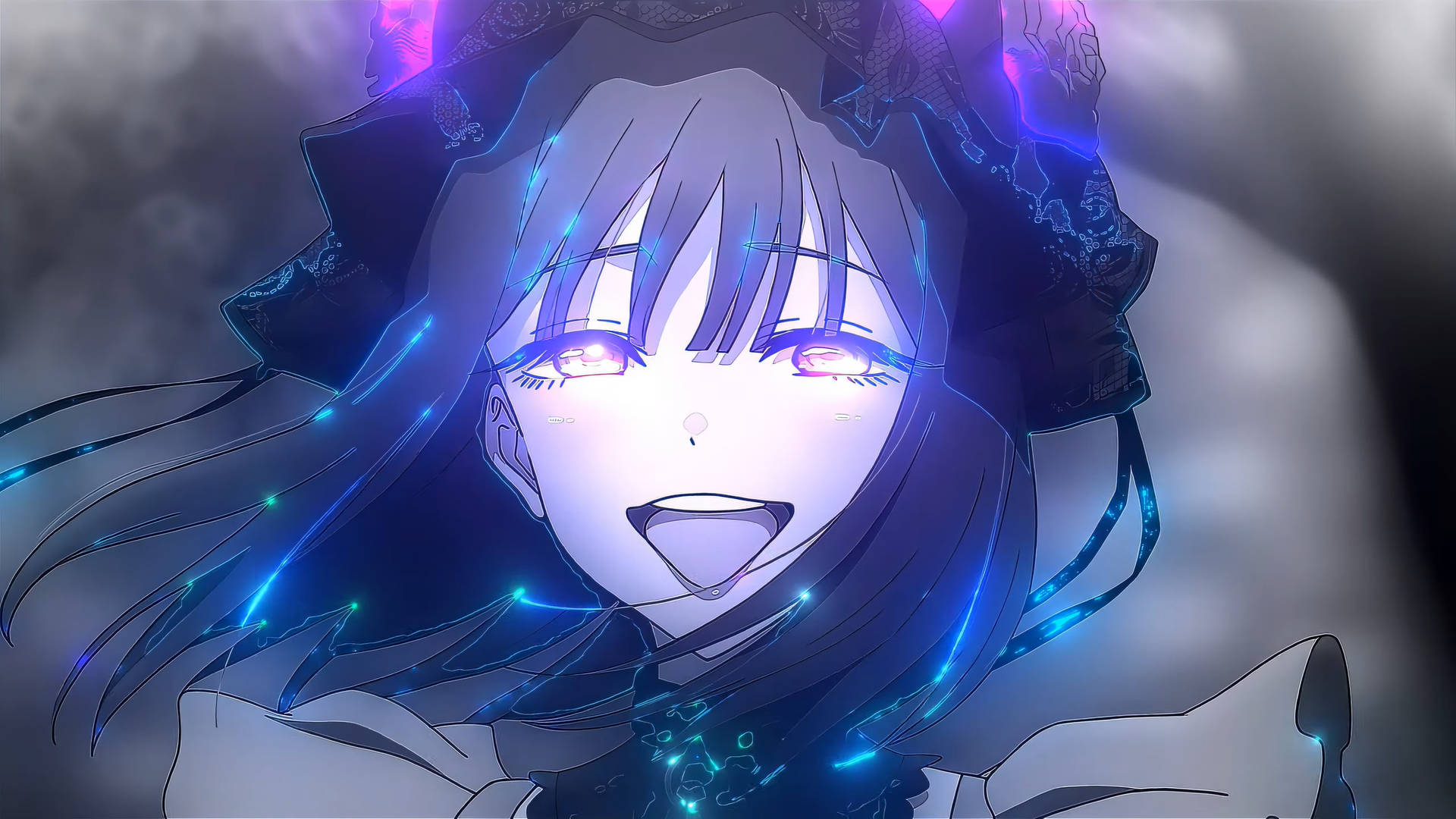 Marin Kitagawa, purple eyes, blue energy strands, Full HD Desktop Wallpaper