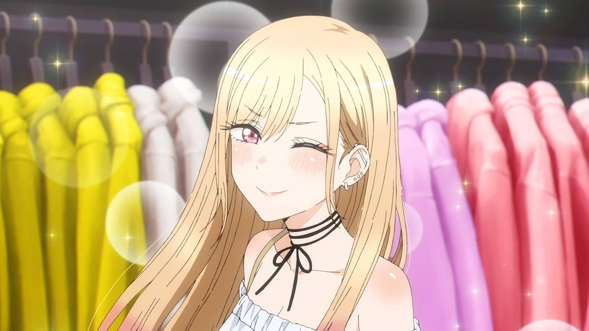 Marin Kitagawa, clothing store, blonde hair, Full HD Desktop Wallpaper