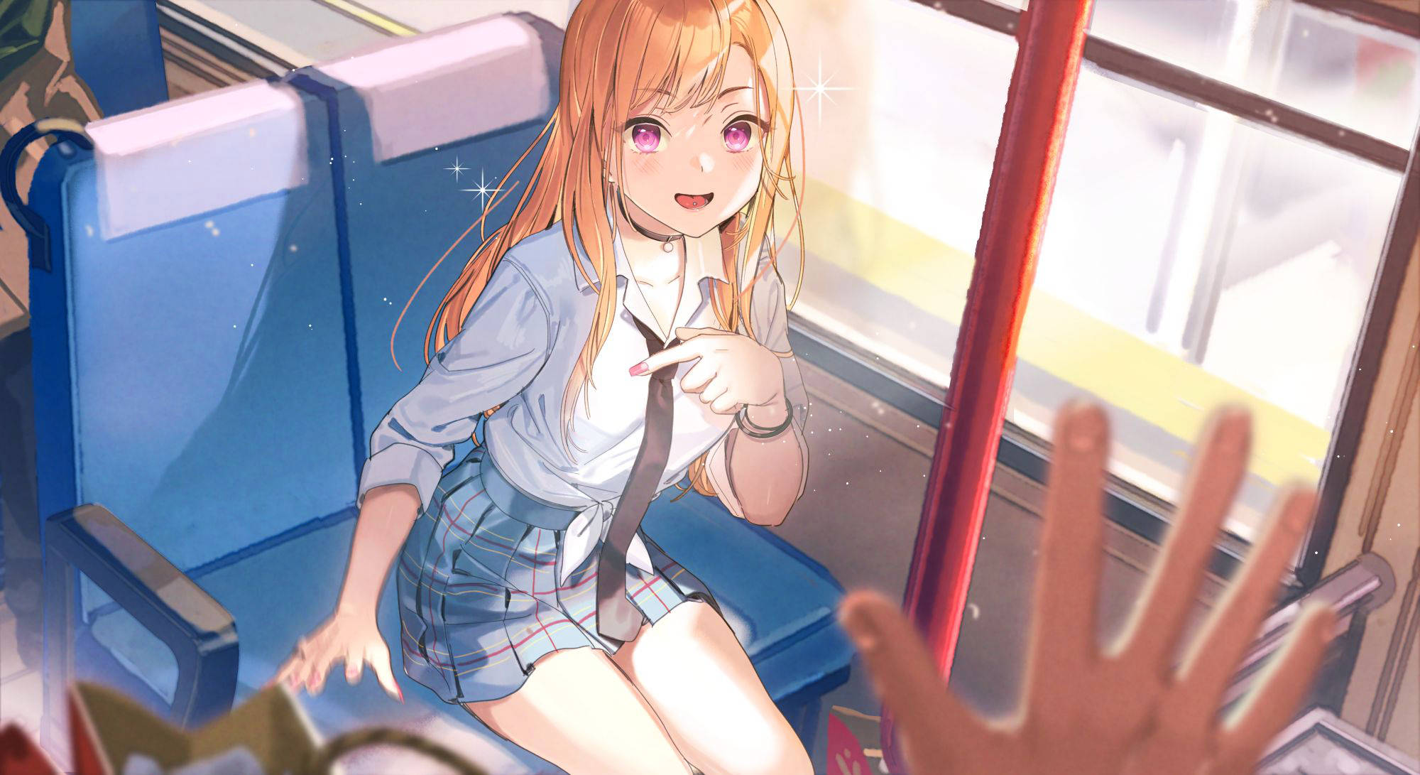 Marin Kitagawa, orange hair, blue train seat, Full HD Desktop Wallpaper