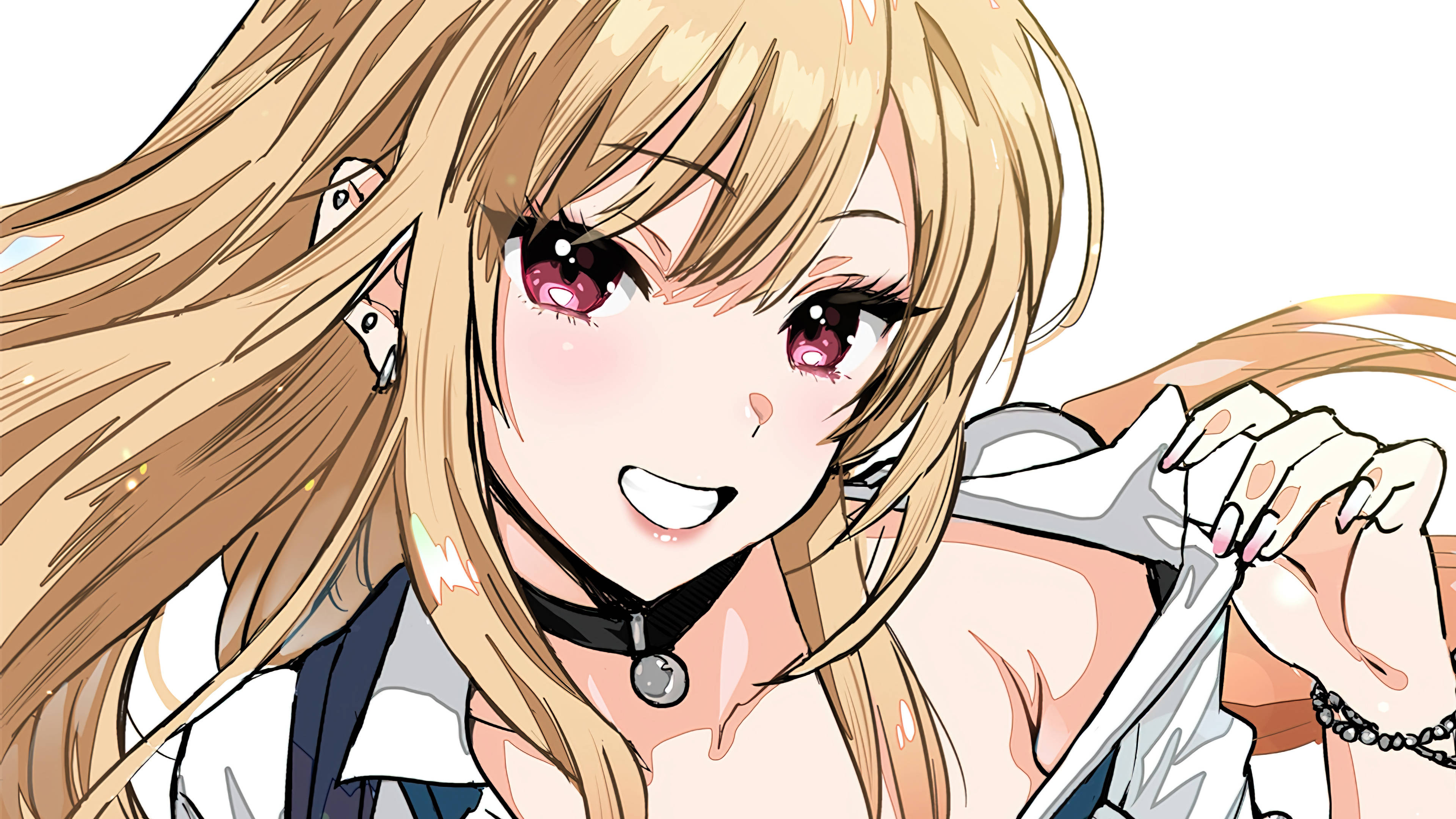 Marin Kitagawa, long blonde hair, pink eyes, 4K Desktop Wallpaper