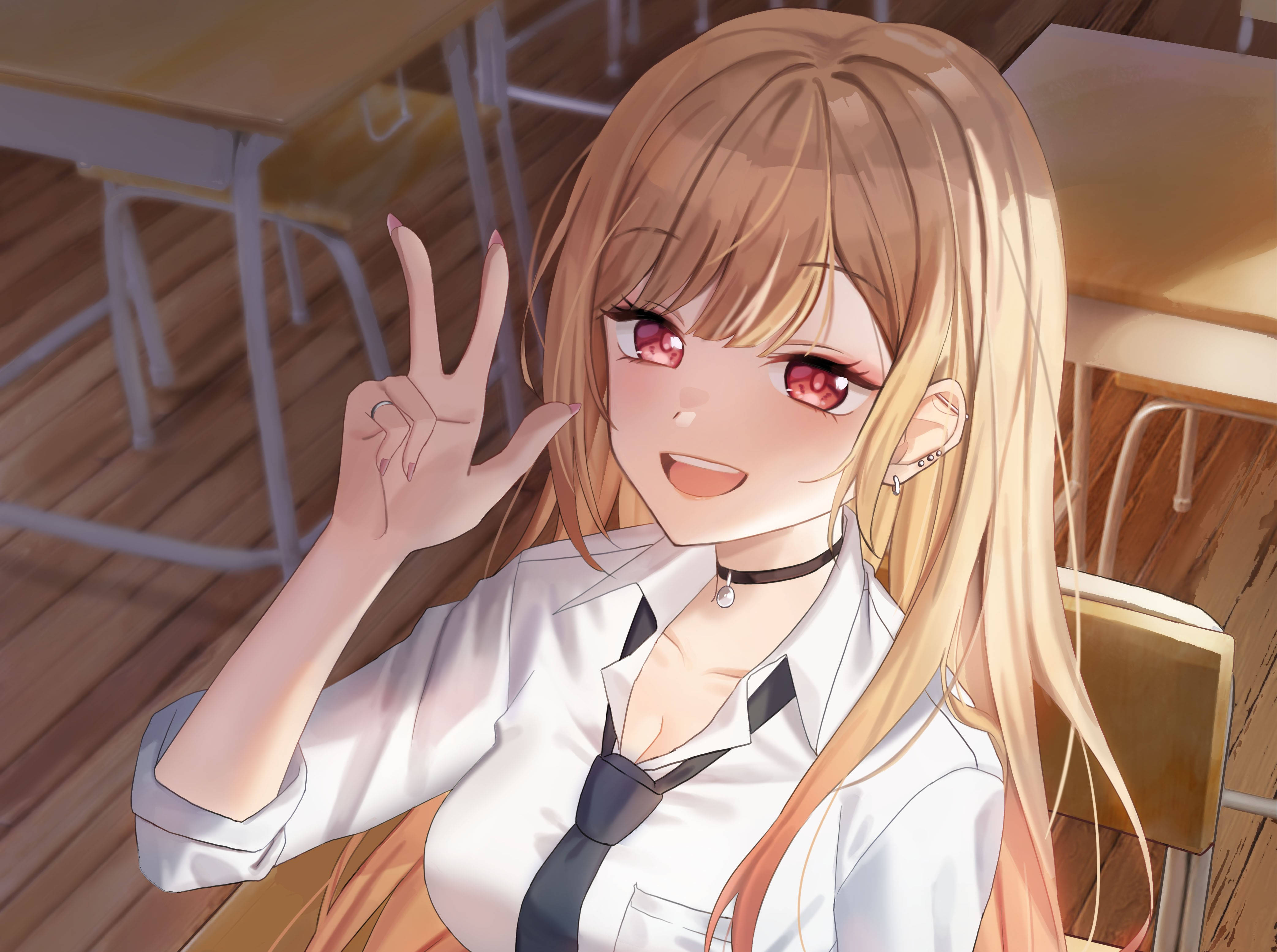 Marin Kitagawa, classroom, long blonde hair, 4K Desktop Wallpaper