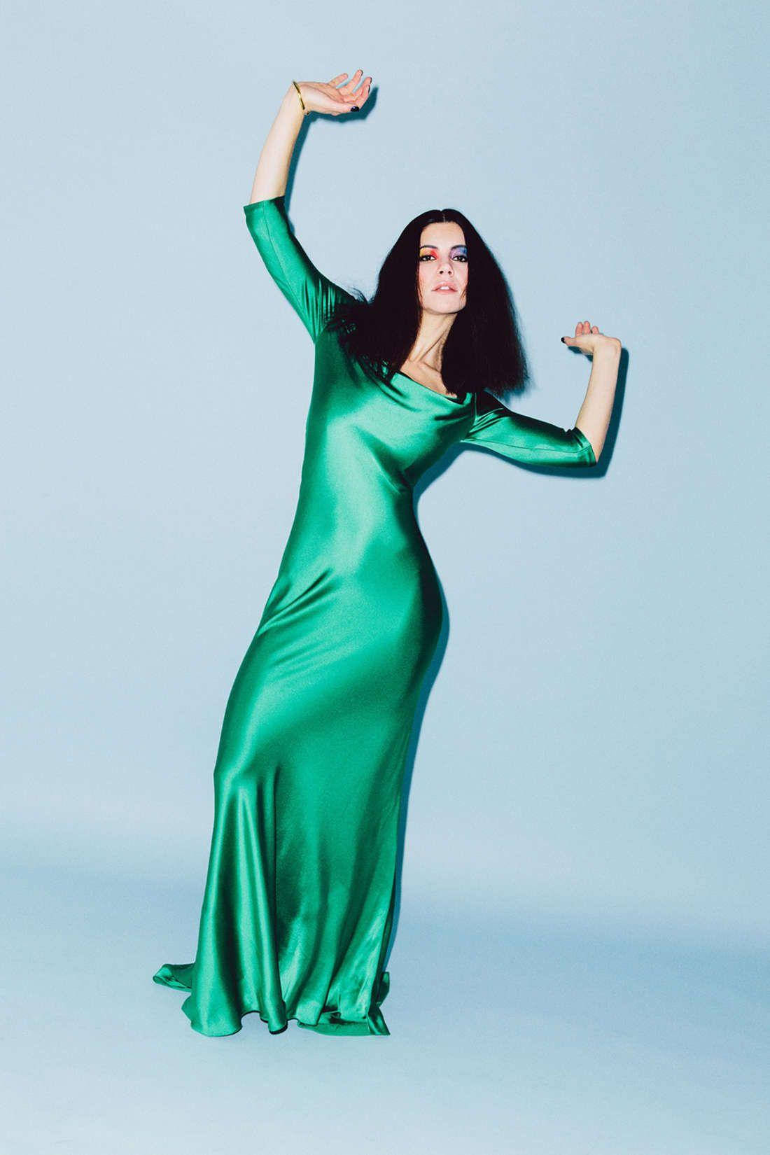 Marina and the diamonds, shimmering green satin gown, soft blue studio backdrop, HD Phone Wallpaper
