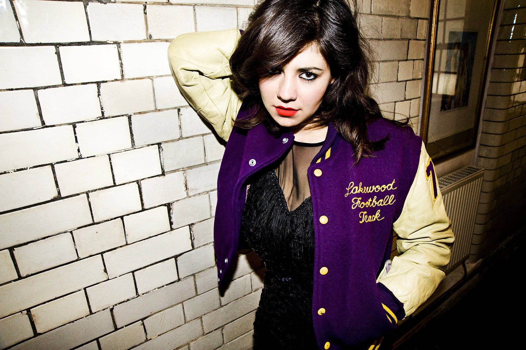 Marina and the diamonds, varsity jacket, purple and yellow, HD Desktop Wallpaper