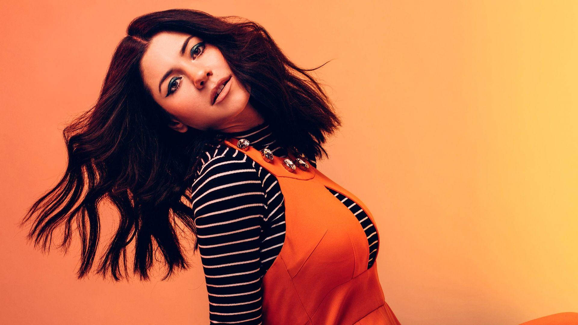 Marina and the diamonds, orange themed, striped shirt, Full HD Desktop Wallpaper