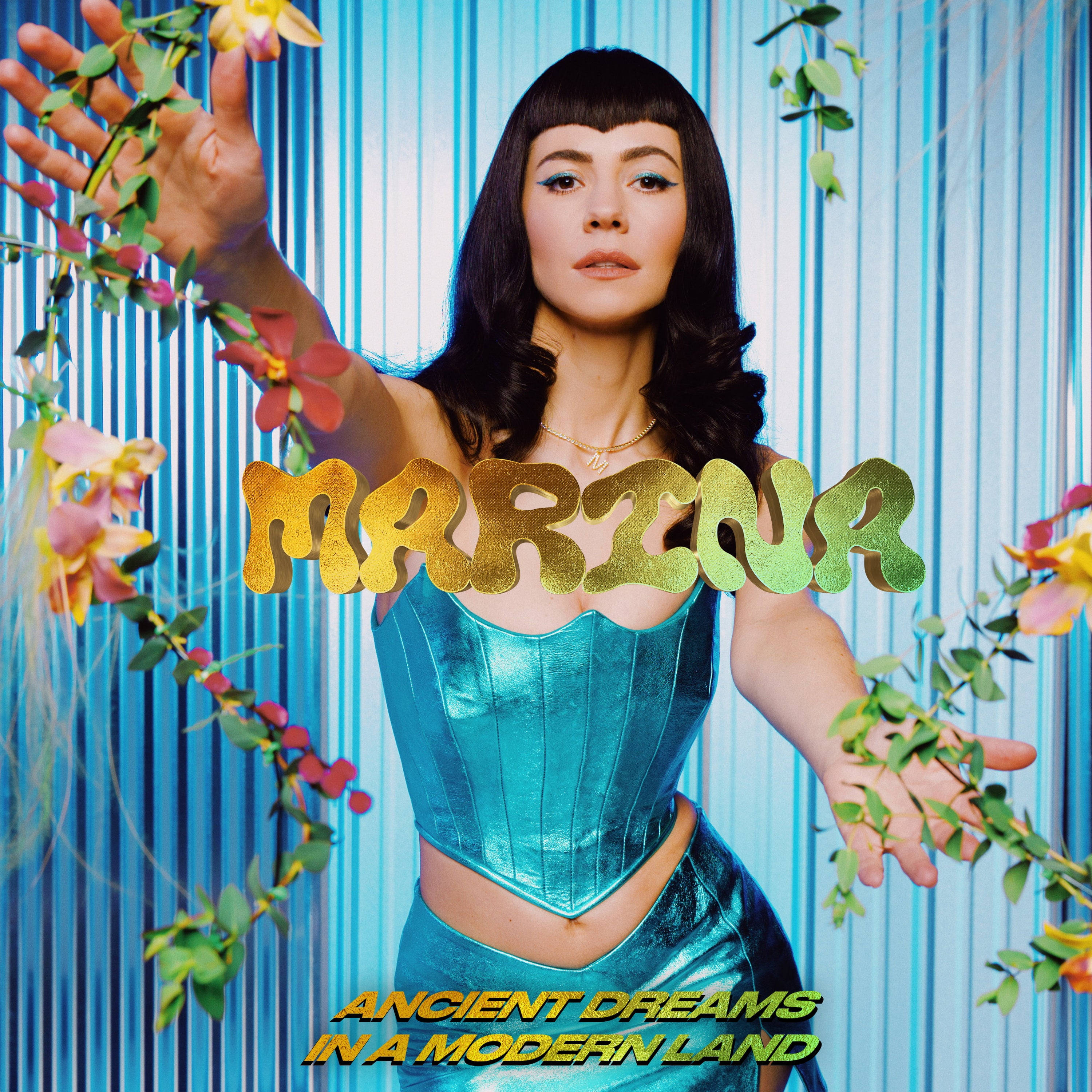 Marina and the diamonds, teal corset, blue striped backdrop, 2K Desktop Wallpaper
