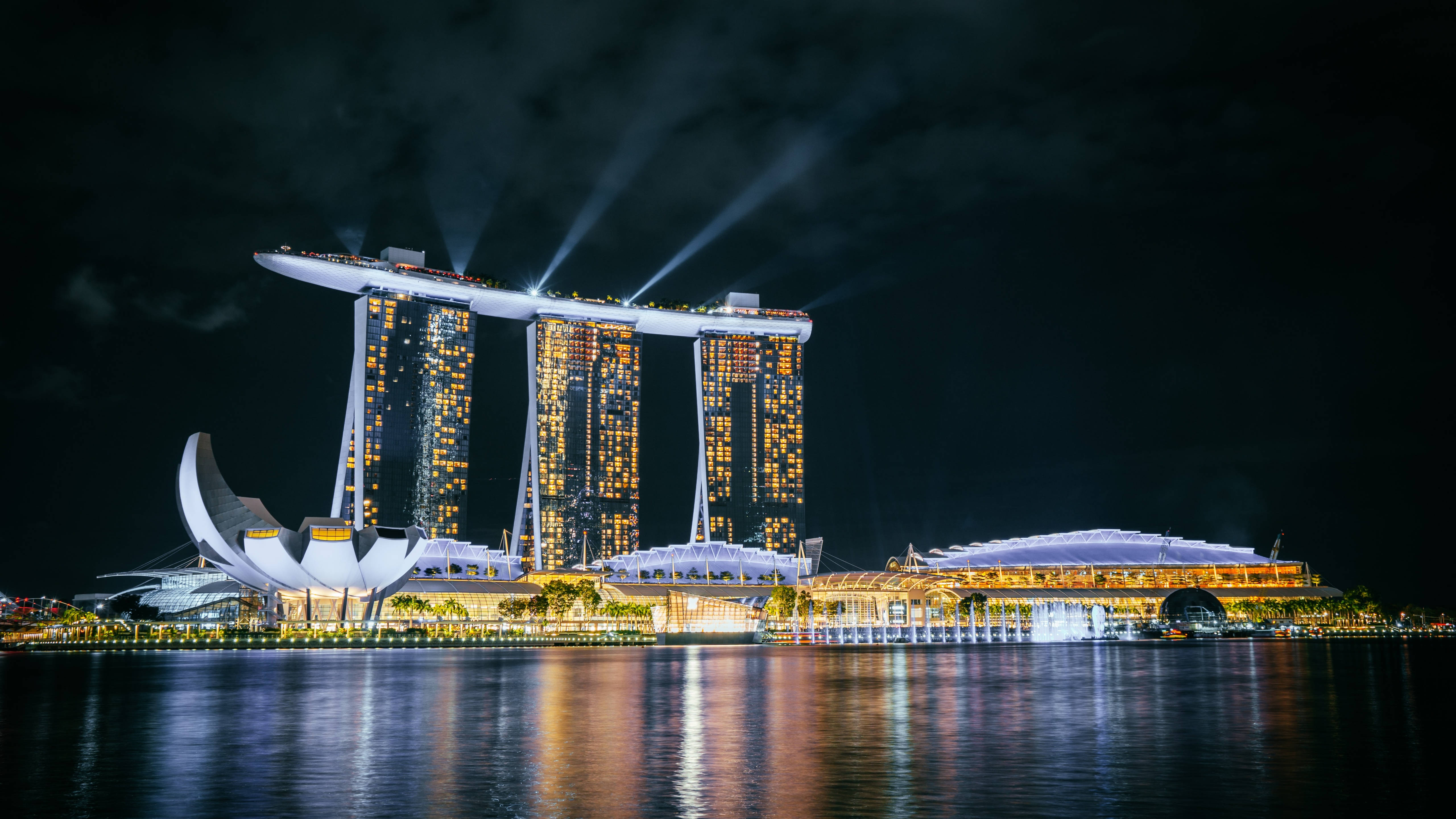 Marina Bay Sands, golden lights, dark sky, 5K Desktop Wallpaper