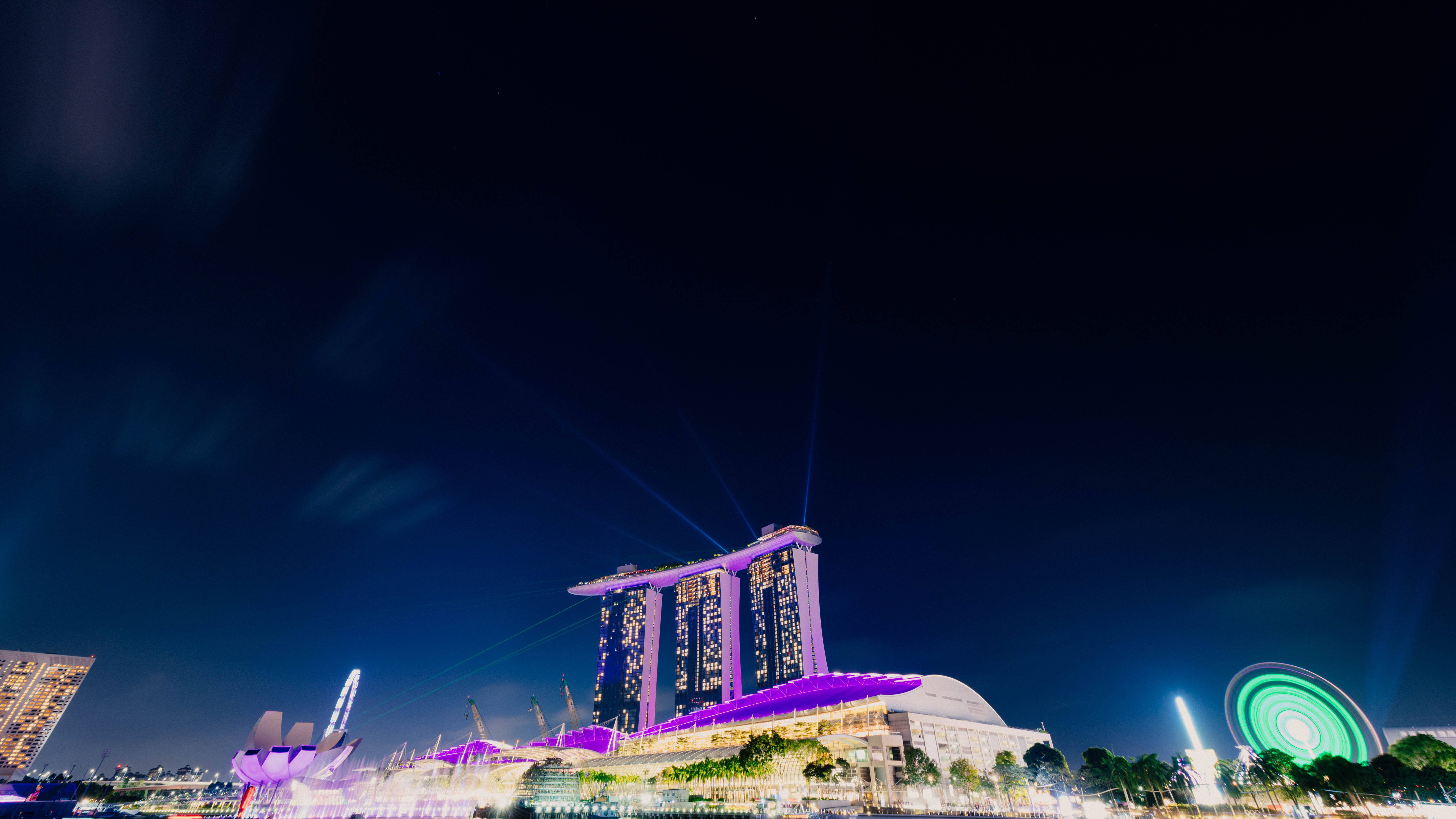 Marina Bay Sands, Violet Nights Light, purple laser beams, 8K Desktop Wallpaper