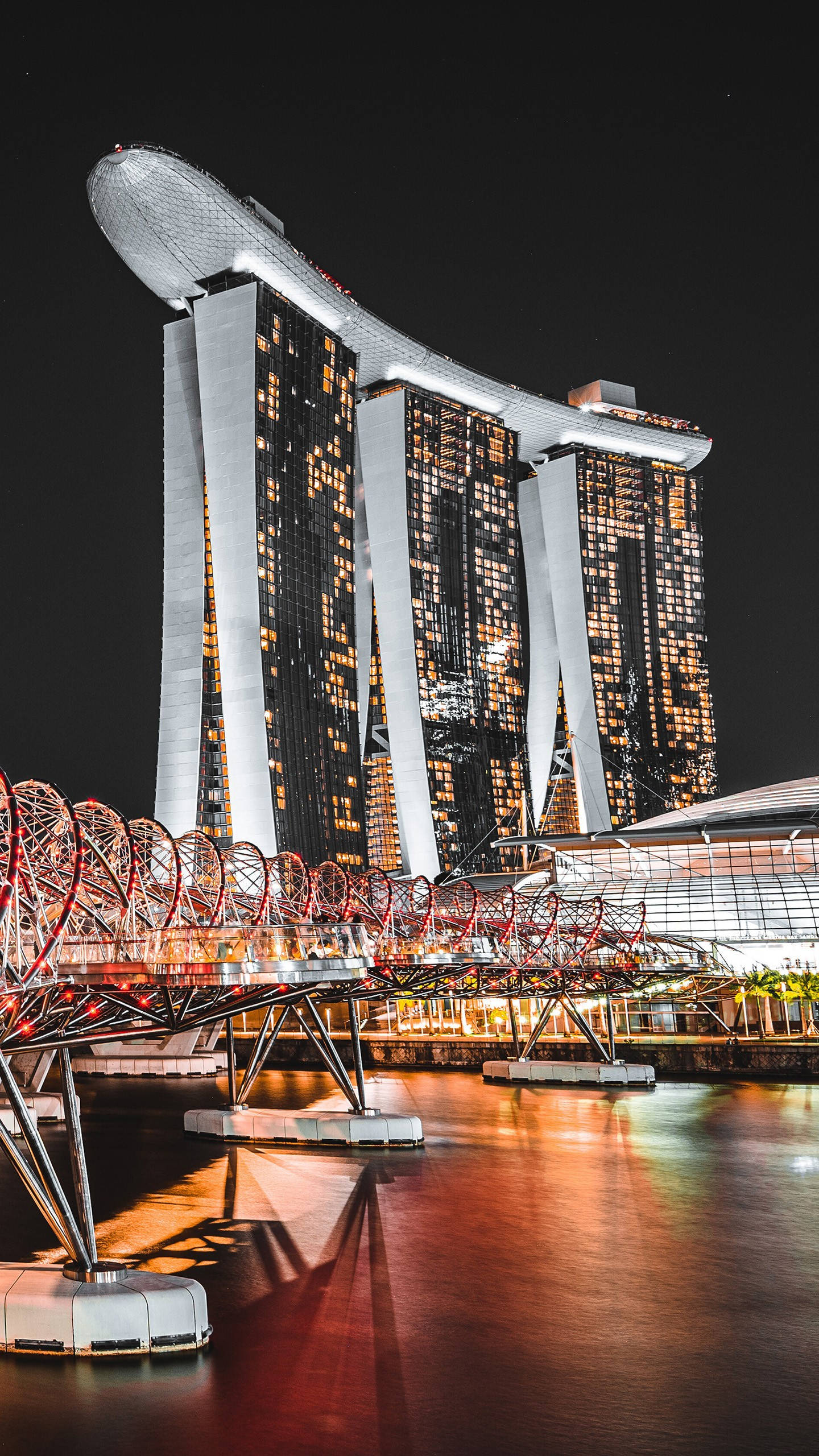 Marina Bay Sands, night, black buildings, 2K Phone Wallpaper