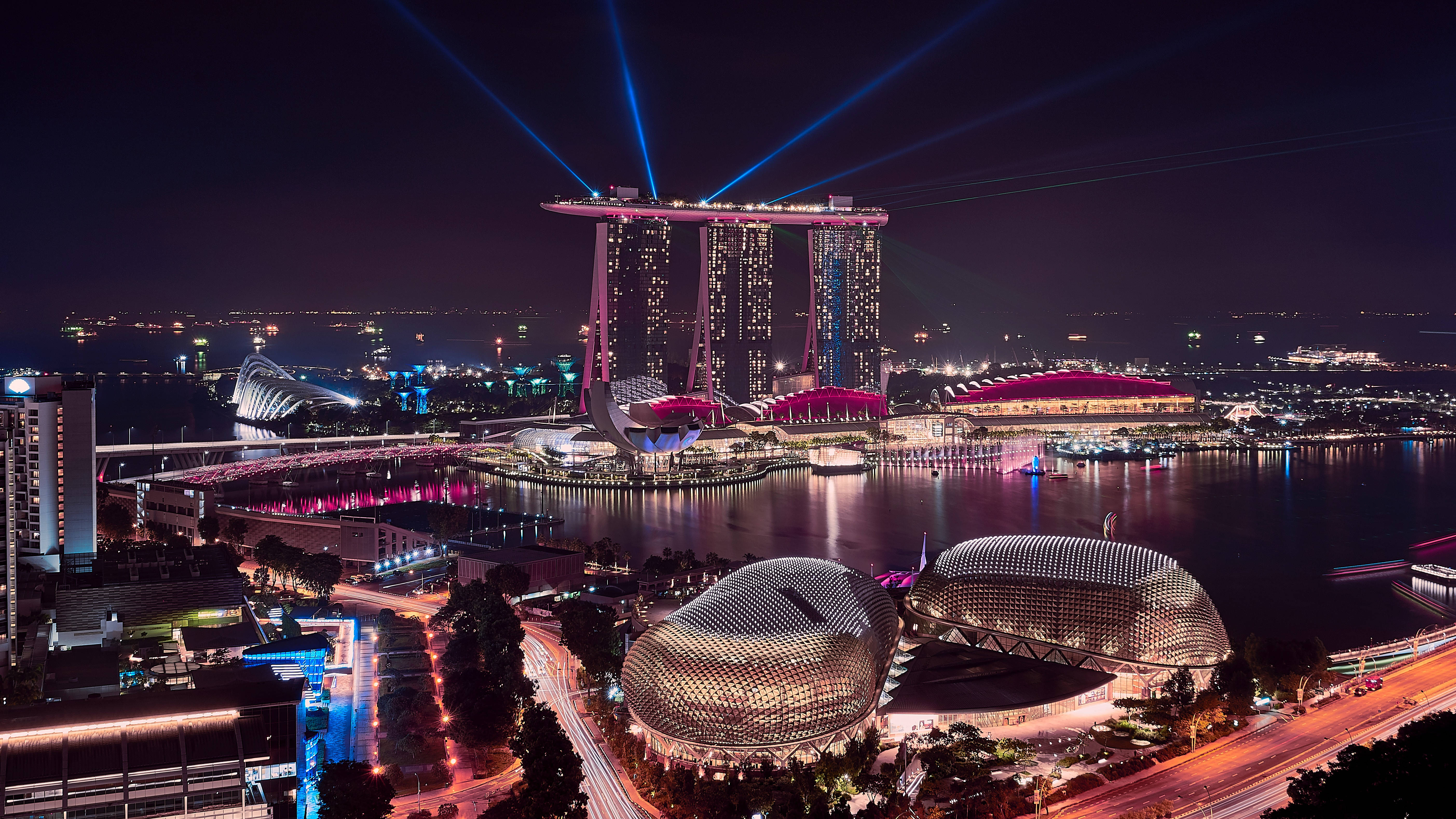 Marina Bay Sands, blue laser beams, illuminated domes, 5K Desktop Wallpaper