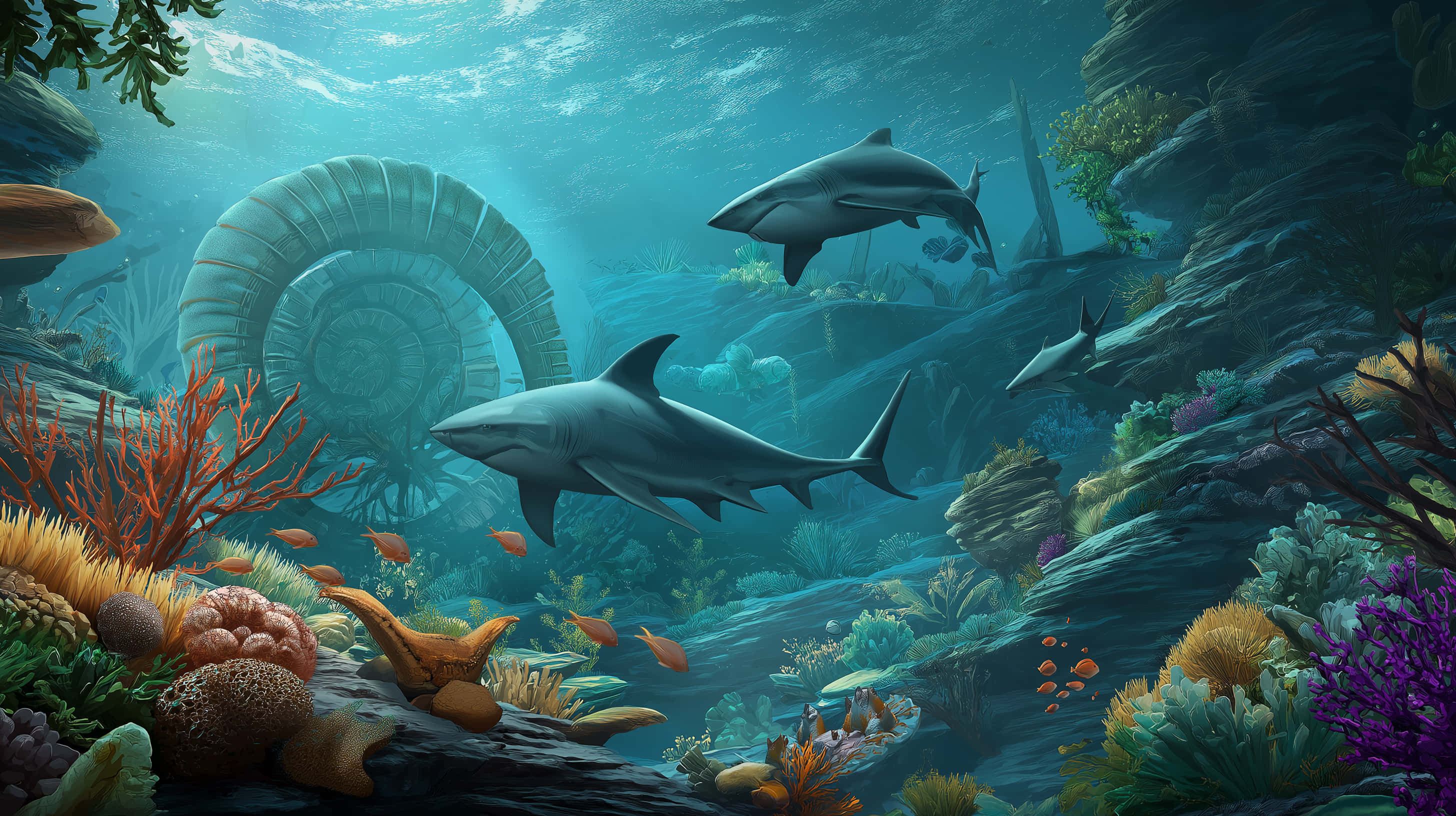 prehistoric ocean, sharks, vibrant coral reef, 2K Desktop Wallpaper