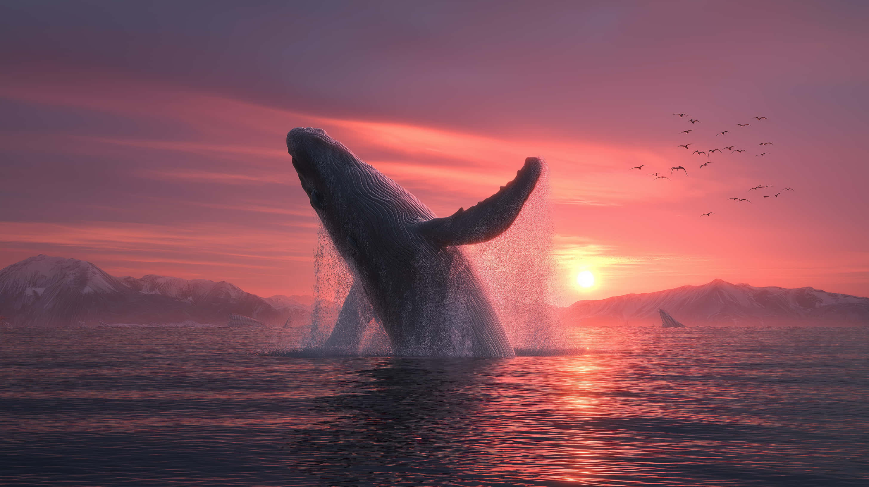 humpback whale, sunset, pink glow, 2K Desktop Wallpaper