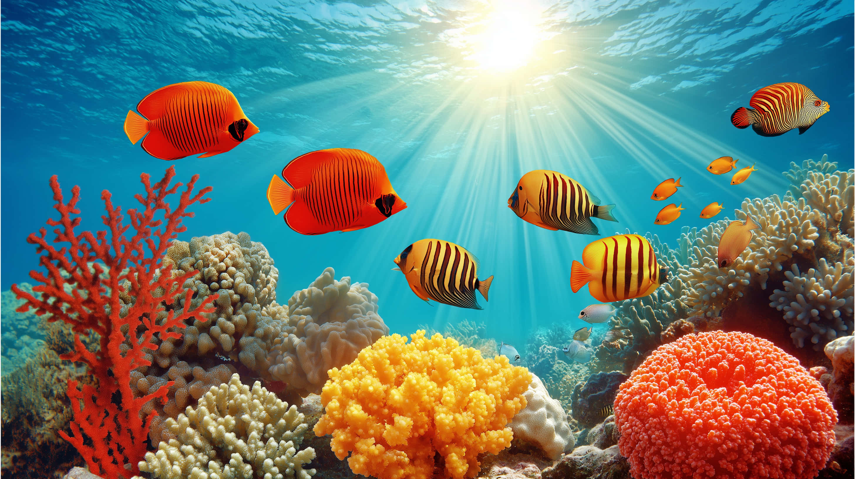 sunlit coral reef, tropical fish, turquoise water, 2K Desktop Wallpaper