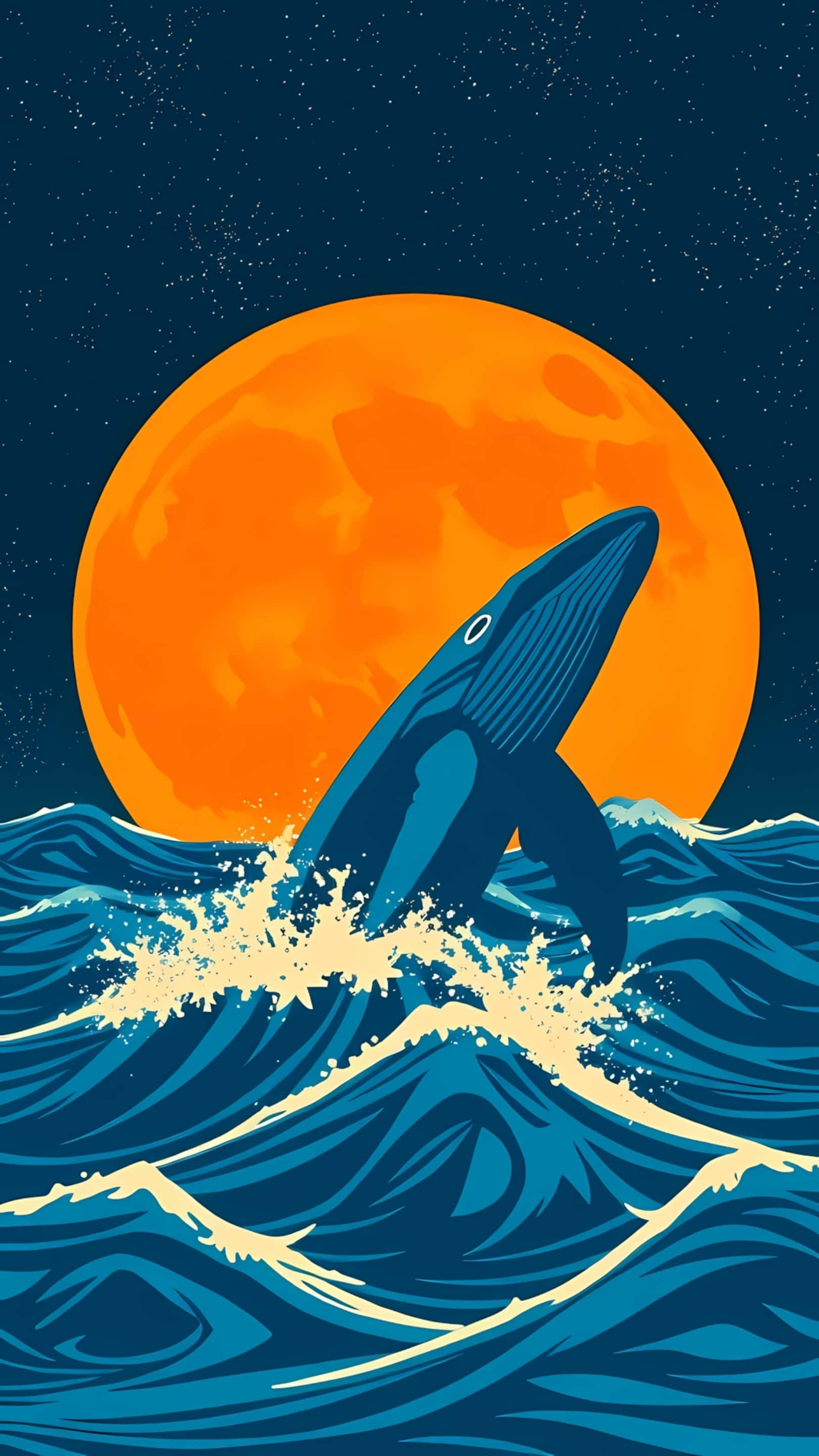 blue whale, orange moon, stylized waves, 2K Phone Wallpaper