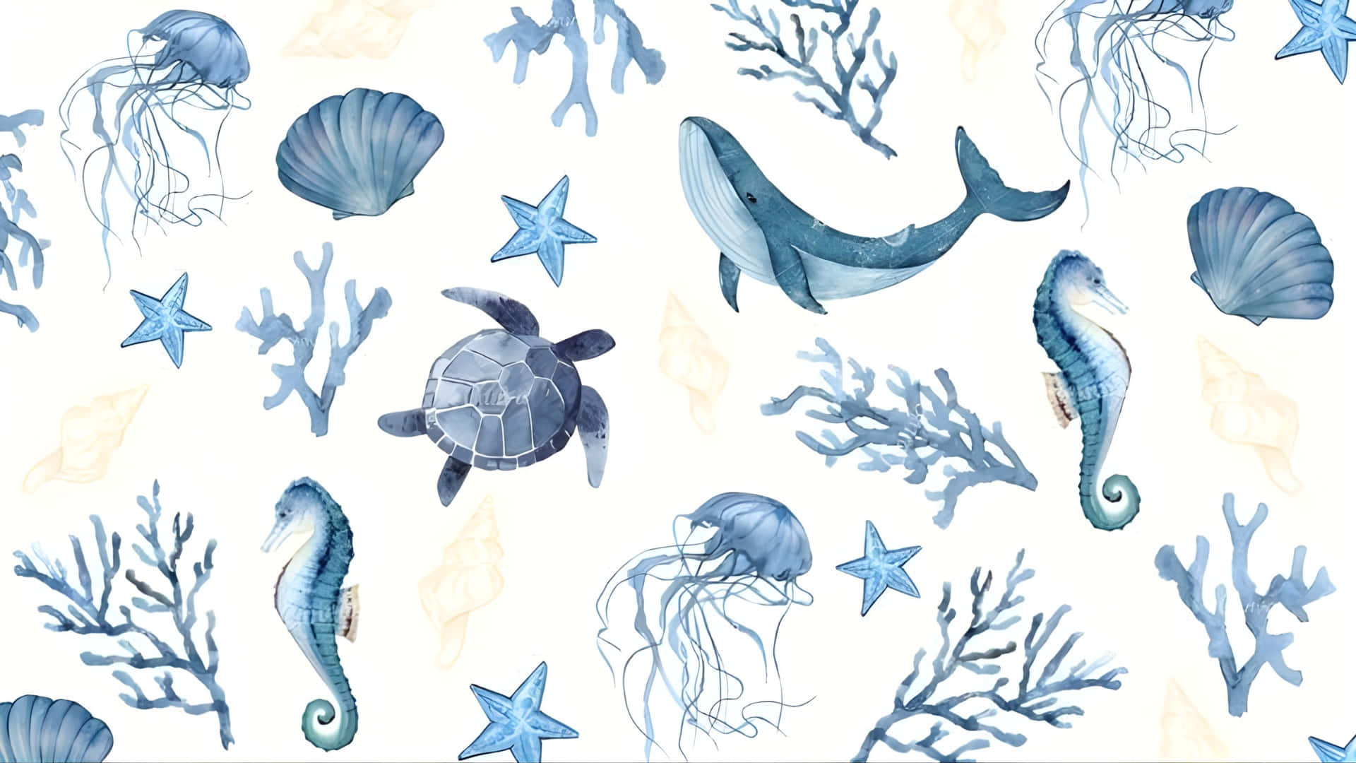 coastal marine life patterns, blue sea creatures, coral, Full HD Desktop Wallpaper