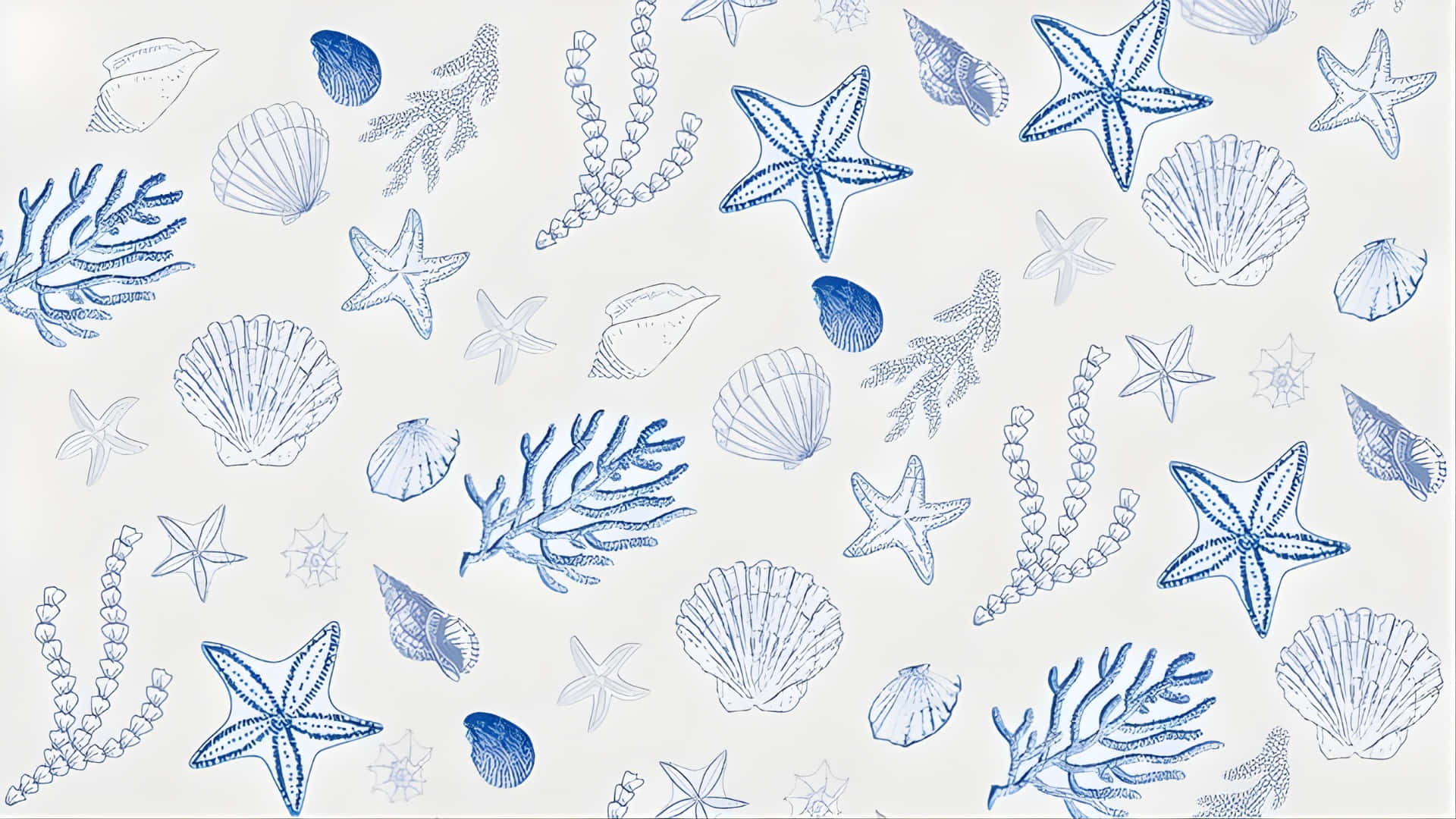 coastal marine life pattern, blue and white wallpaper pattern, starfish, Full HD Desktop Wallpaper