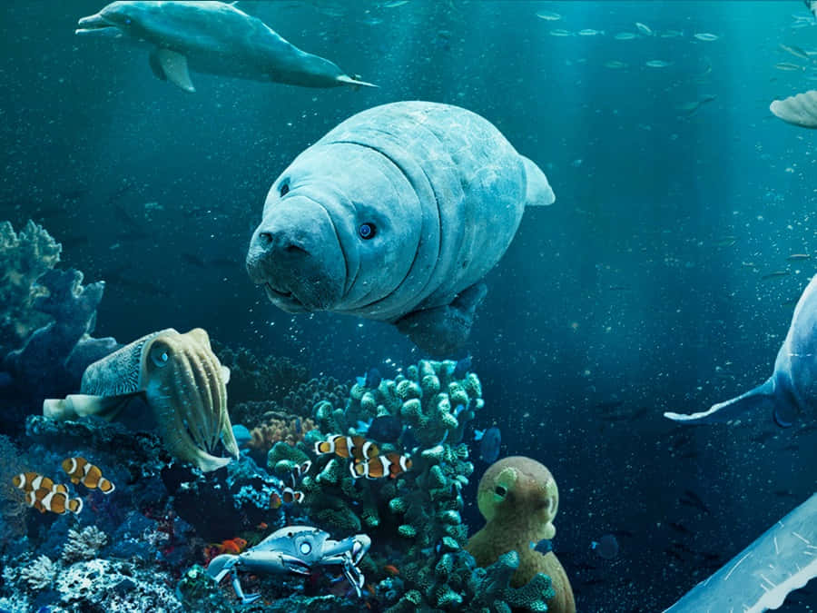 manatee, coral reefs, clownfish, SD Desktop Wallpaper