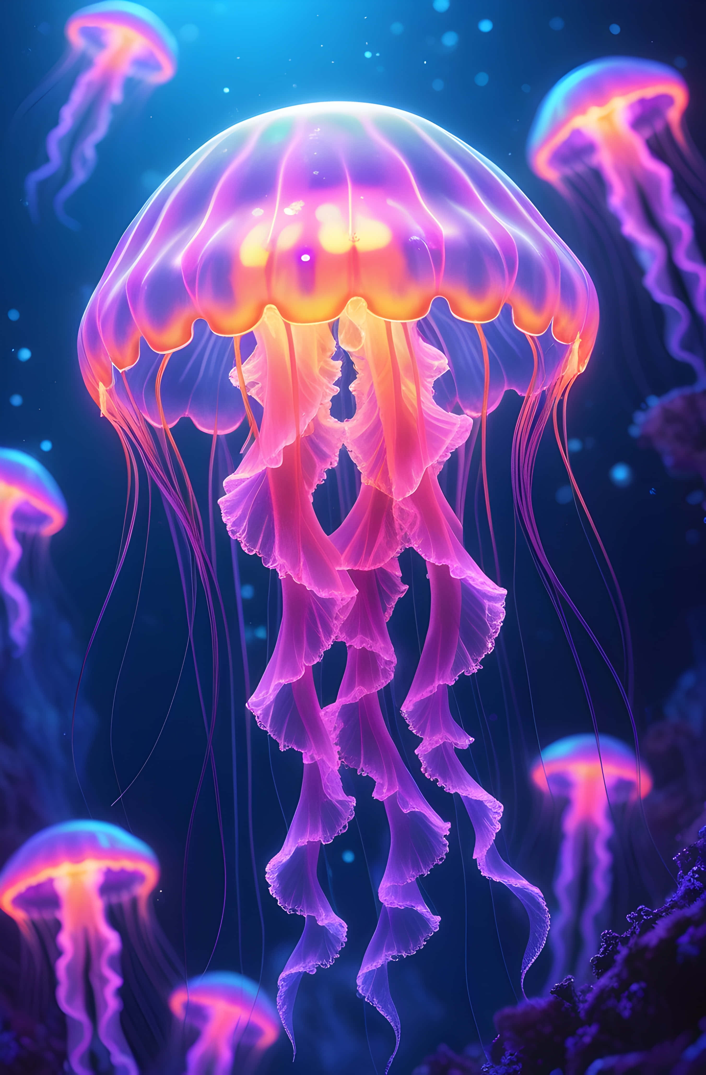 neon ocean bloom, glowing pink and orange jellyfish, ruffled tentacles, 4K Phone Wallpaper