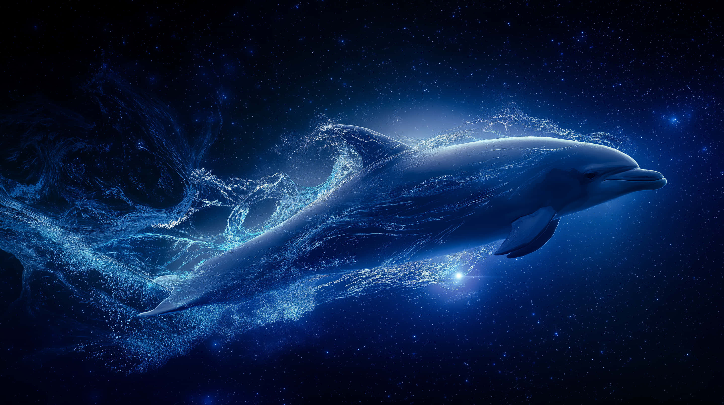 dolphin, bioluminescent night ocean, starry night sky, 2K Desktop Wallpaper