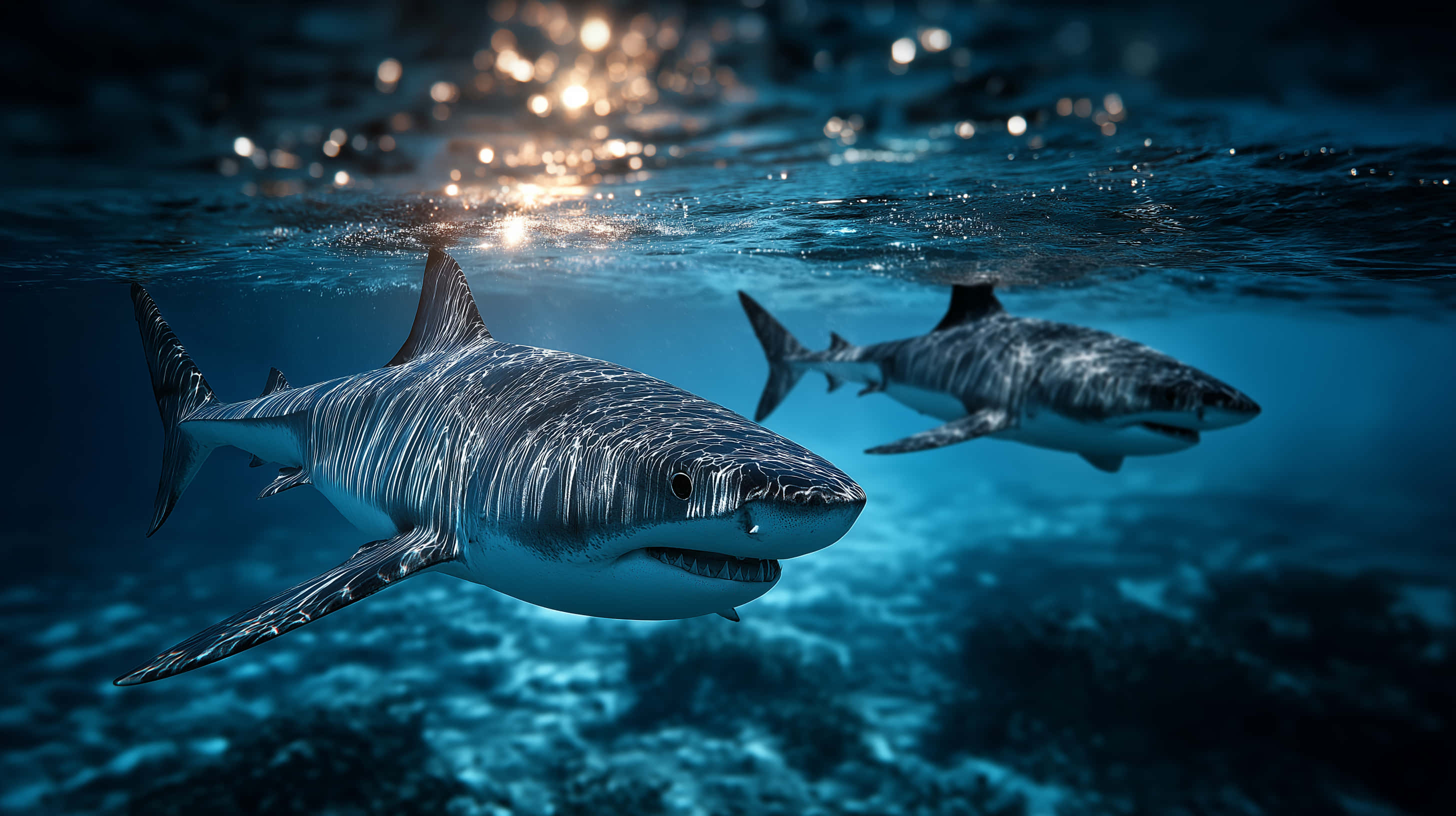 great white sharks, turquoise waters, sunlit, 2K Desktop Wallpaper