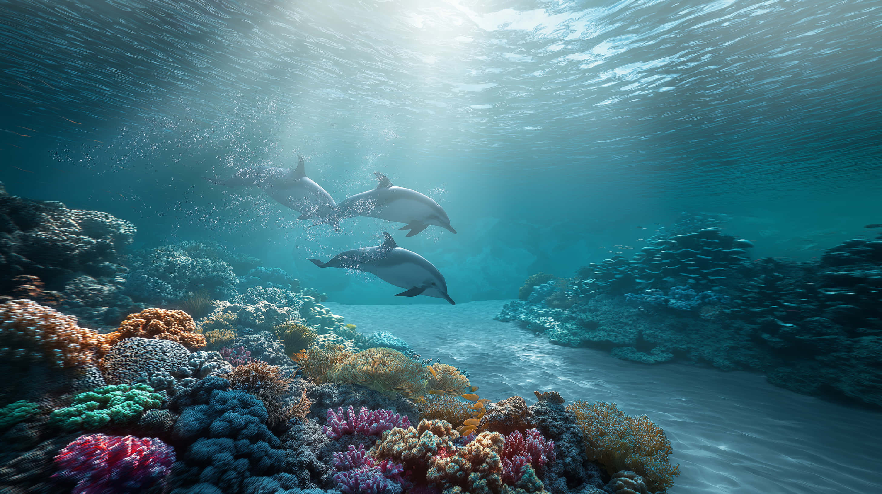 three dolphins, sunlit turquoise waters, vibrant coral reef, 2K Desktop Wallpaper