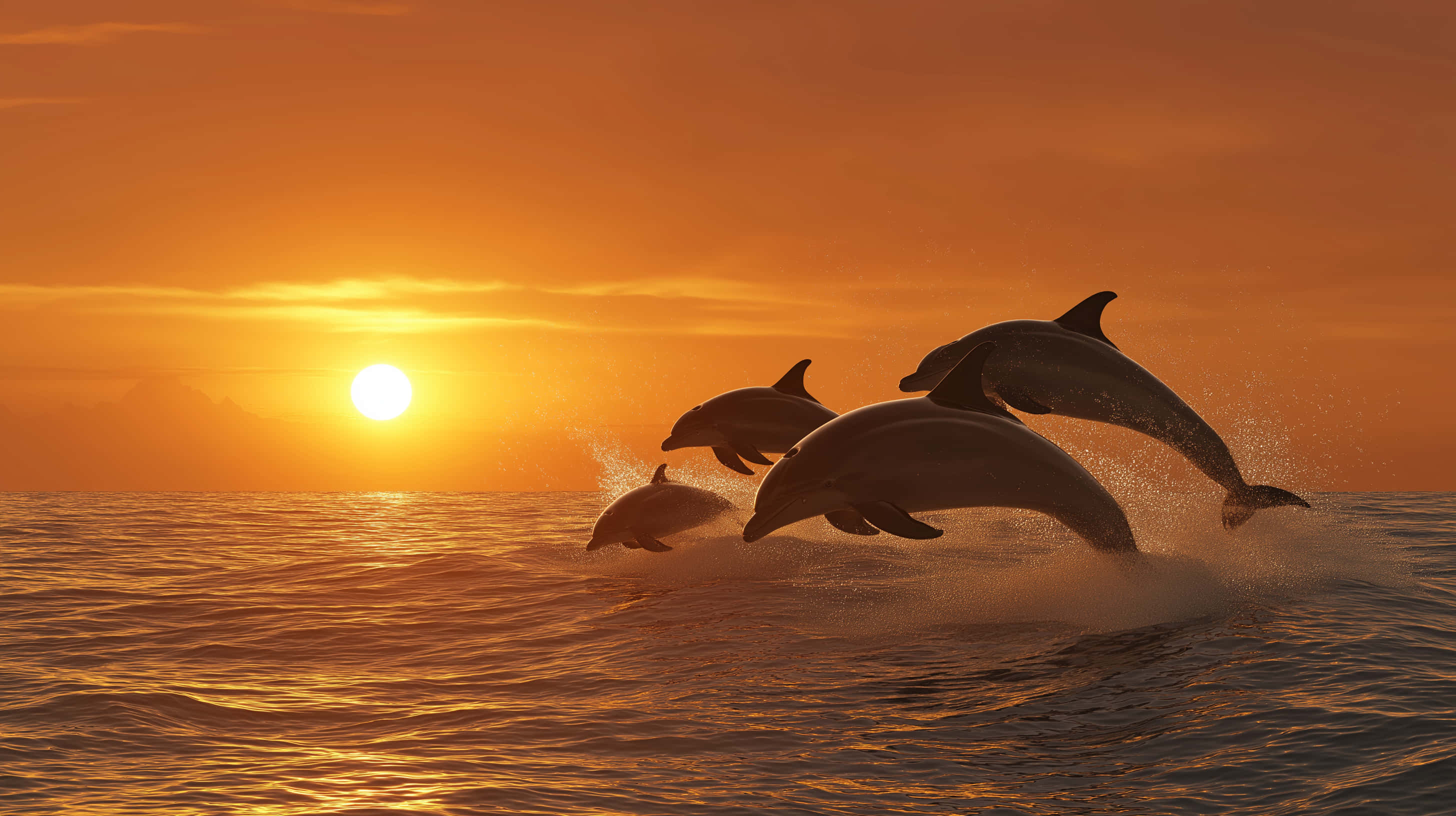 dolphins, golden ocean, sunset, 2K Desktop Wallpaper