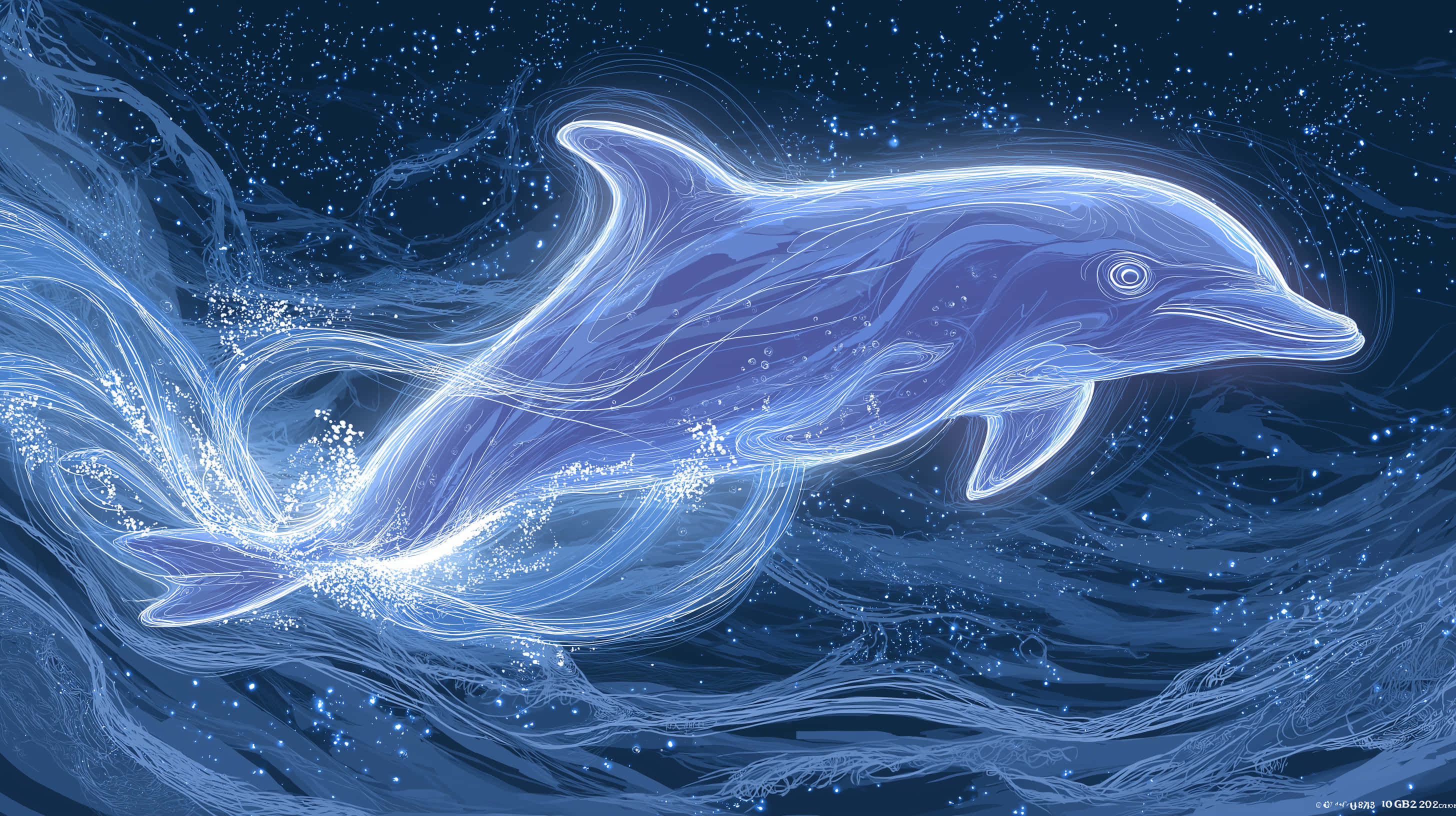bioluminescent dolphin, starry night ocean, deep blue water, 2K Desktop Wallpaper