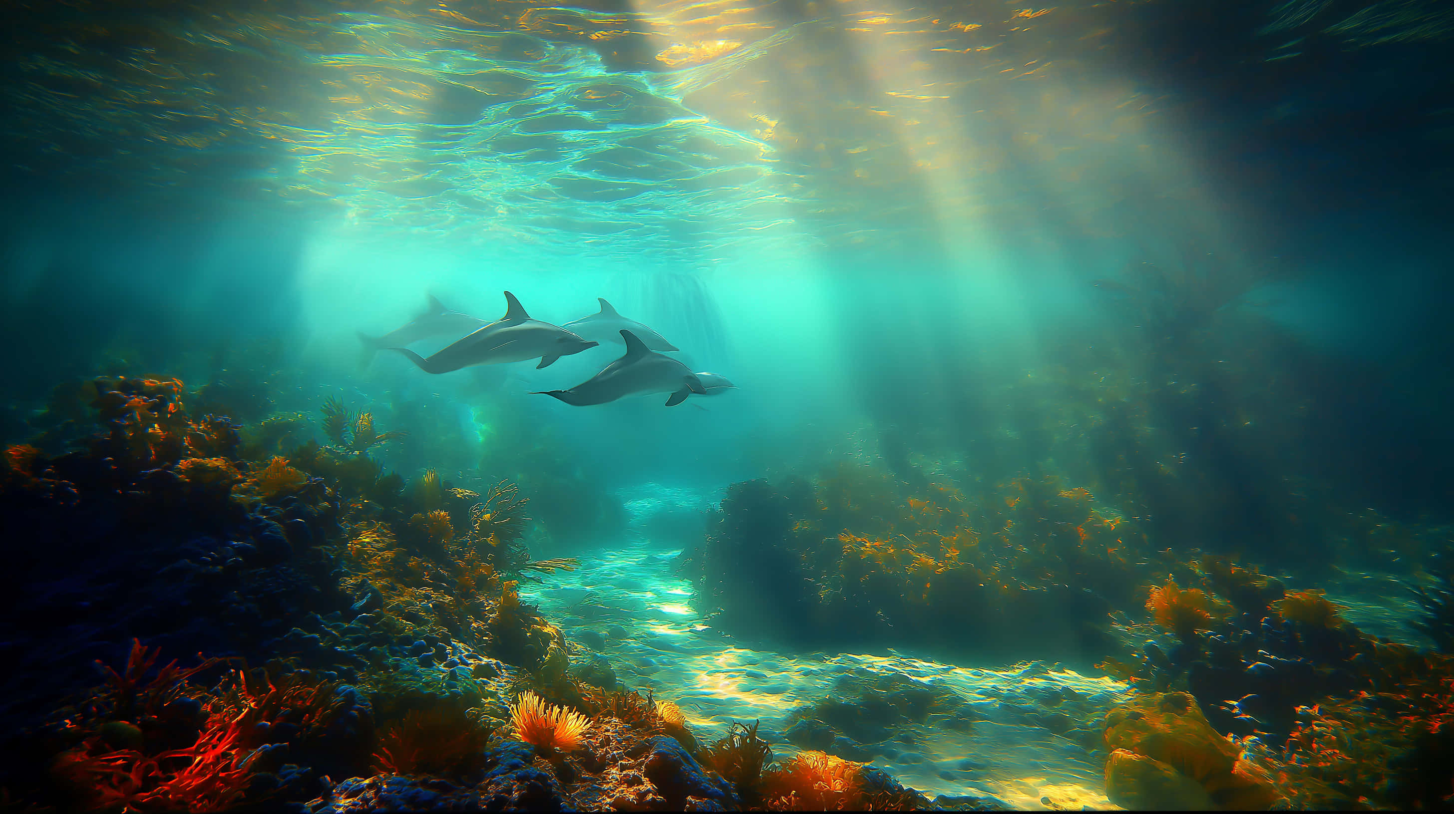dolphins, sunken wreckage, vibrant reef, 2K Desktop Wallpaper