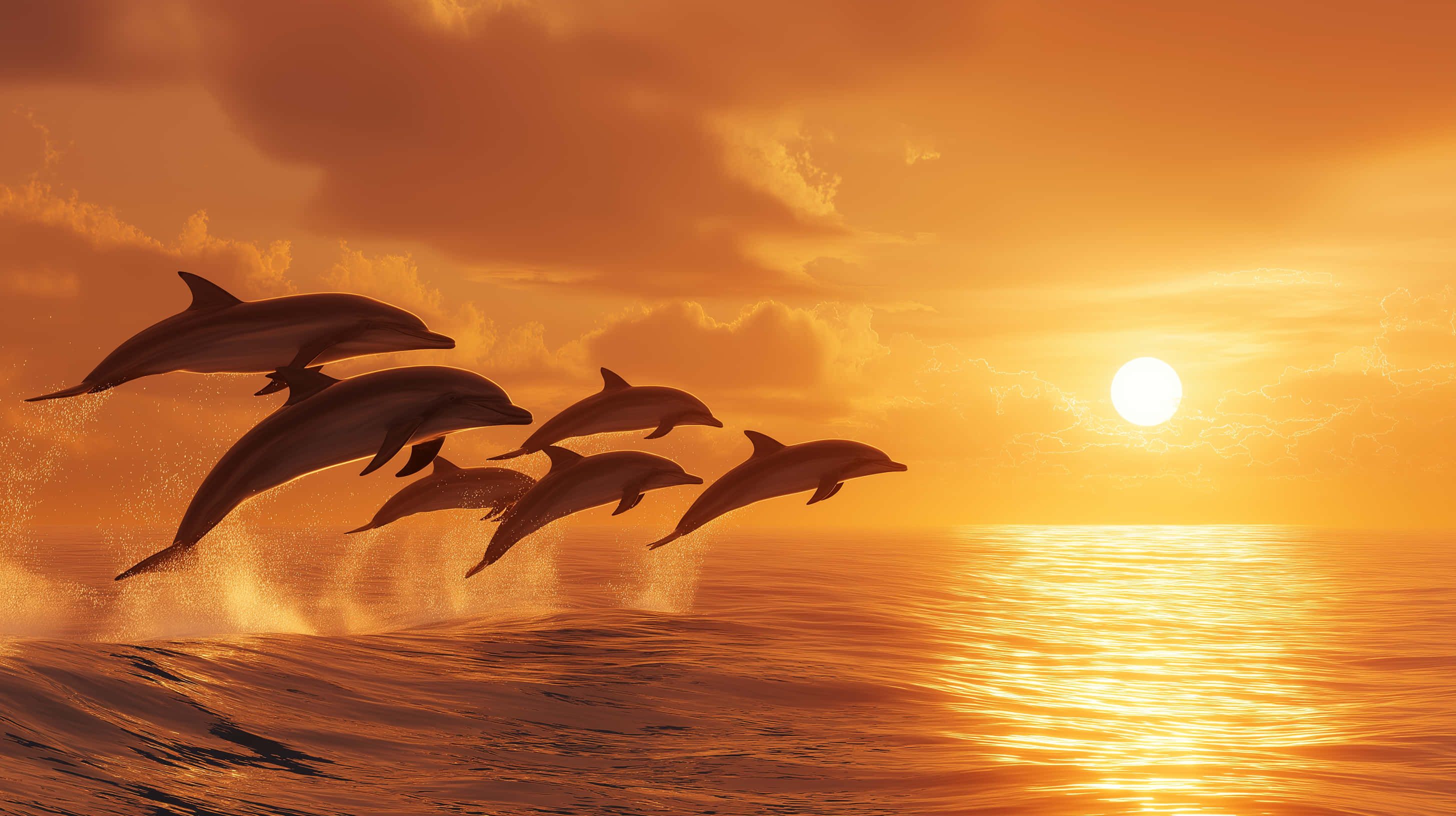 dolphins, ocean, golden hour, 2K Desktop Wallpaper
