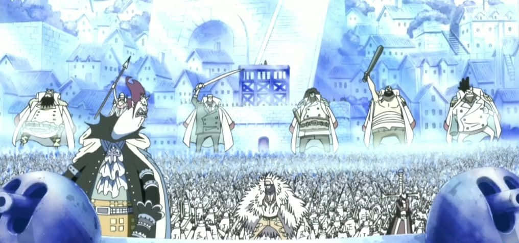 Marineford Aftermath, white coats, blue-tinted town, SD Desktop Wallpaper
