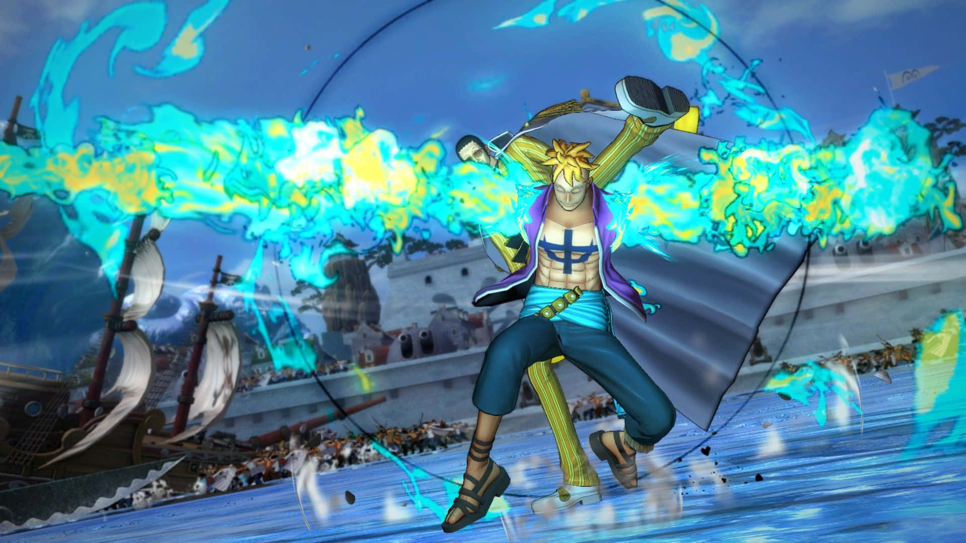 Marineford, golden-haired anime warrior, vibrant blue and yellow energy blast, Full HD Desktop Wallpaper