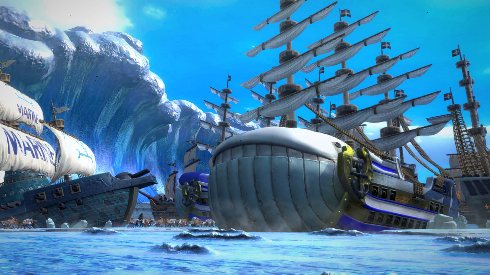 Marineford War, whale-shaped pirate ship, colossal wave, Full HD Desktop Wallpaper