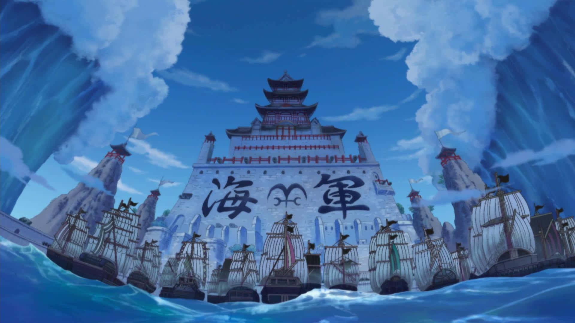 Marineford War, Chinese-style architecture, stormy seas, Full HD Desktop Wallpaper