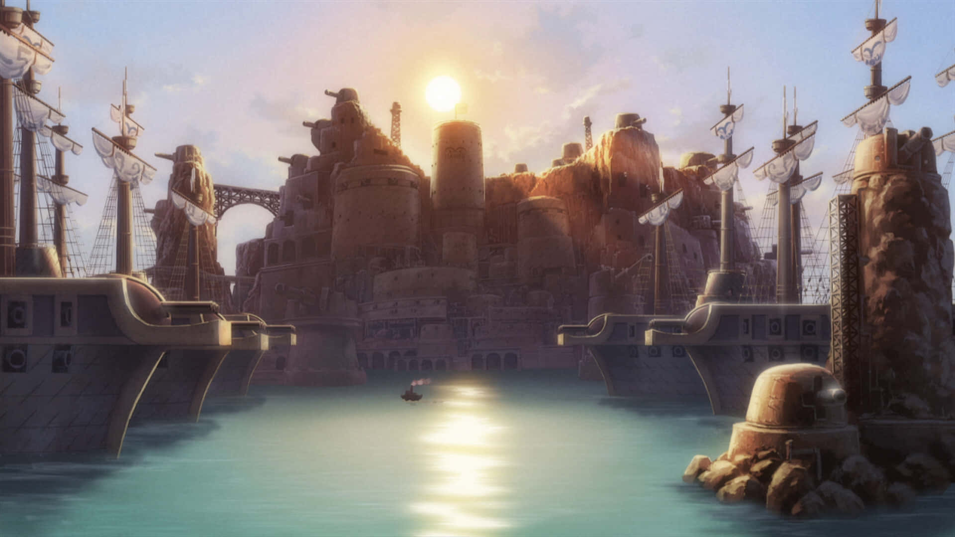 Marineford War, golden hour, sunlit fantasy harbor, Full HD Desktop Wallpaper