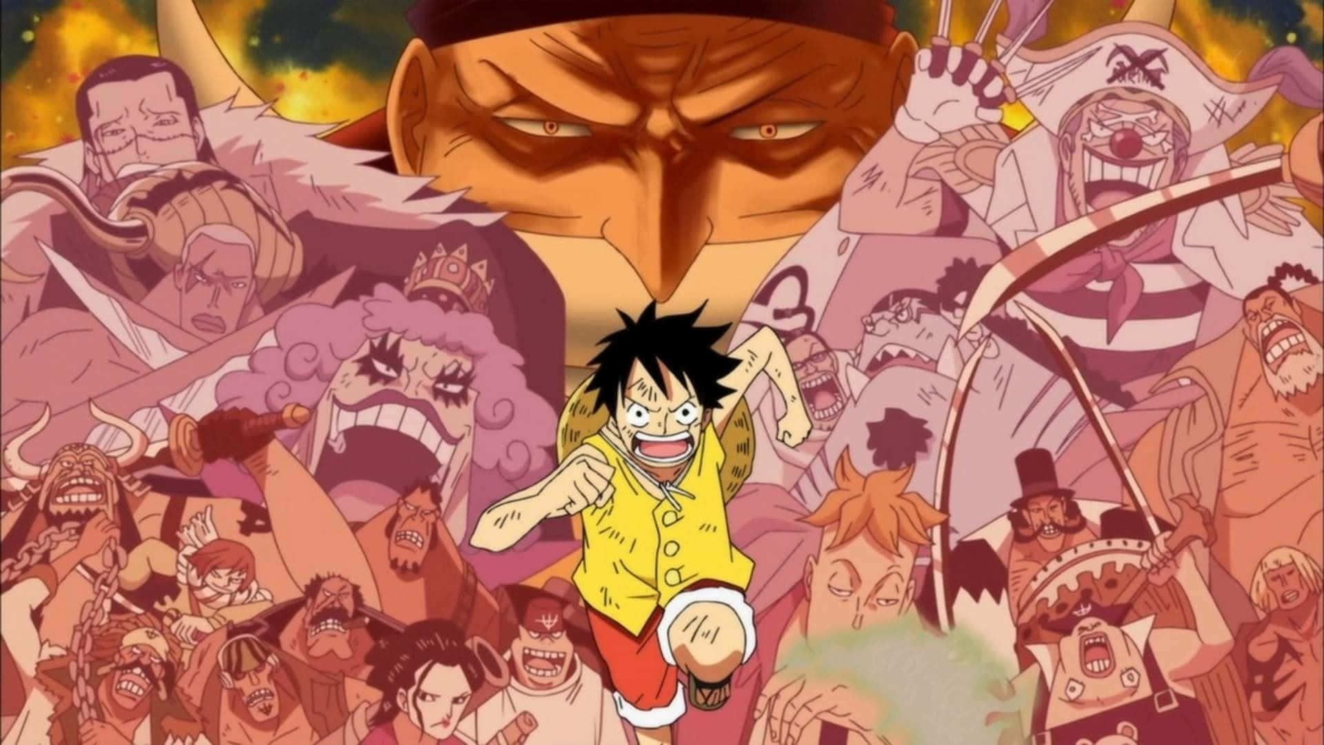 Marineford War, yellow shirt, fiery orange and yellow backdrop, Full HD Desktop Wallpaper
