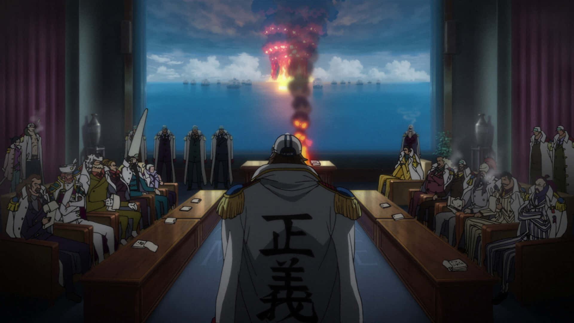 Marineford War, justice coat, fiery explosion, Full HD Desktop Wallpaper