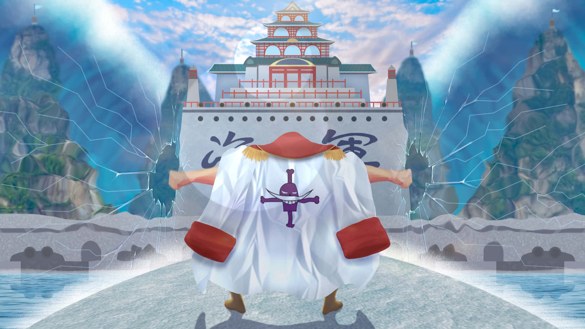 Marineford, white coat, purple skull emblem, Full HD Desktop Wallpaper