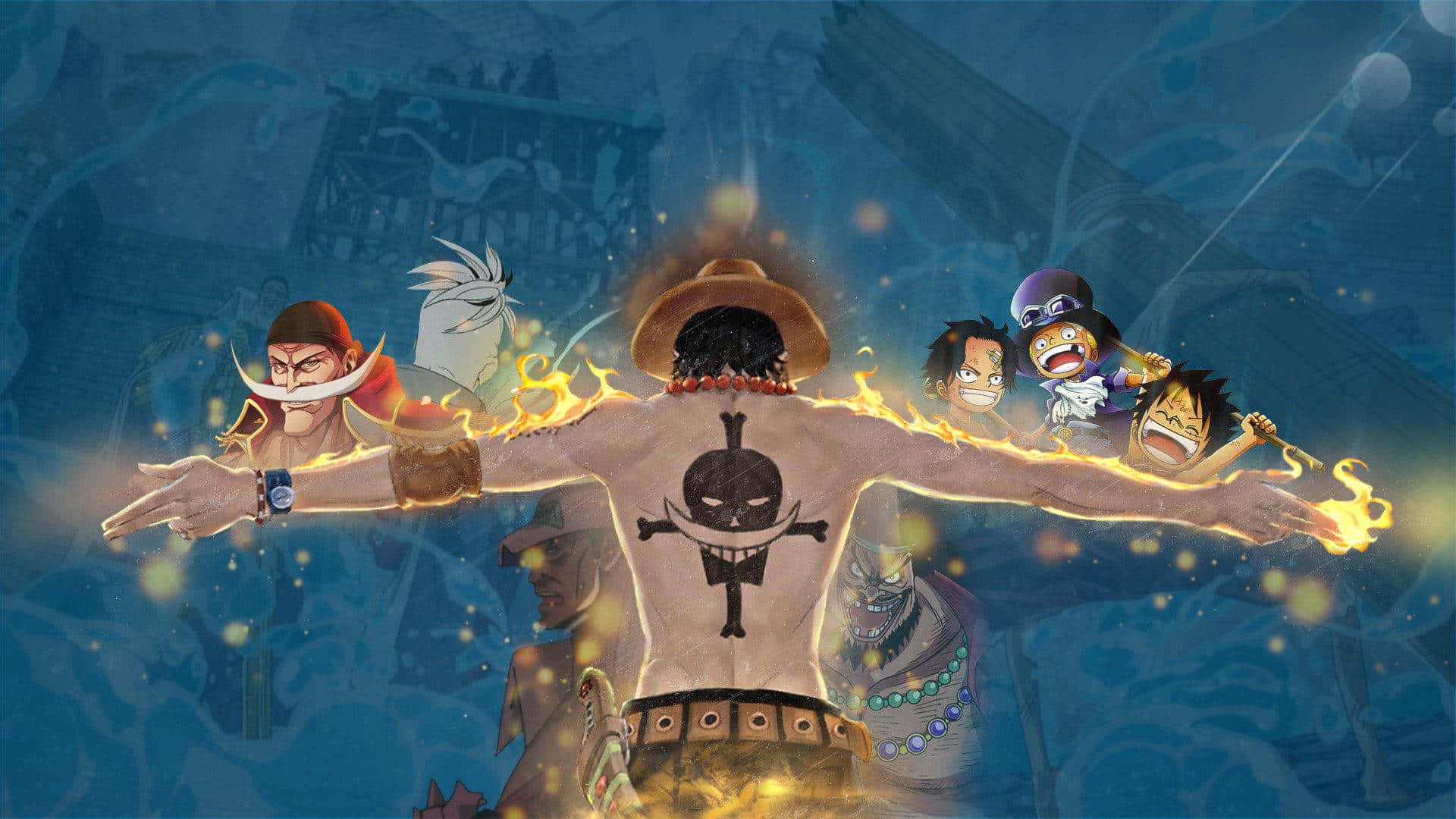 Marineford, skull tattoo, flames erupt from hands, Full HD Desktop Wallpaper