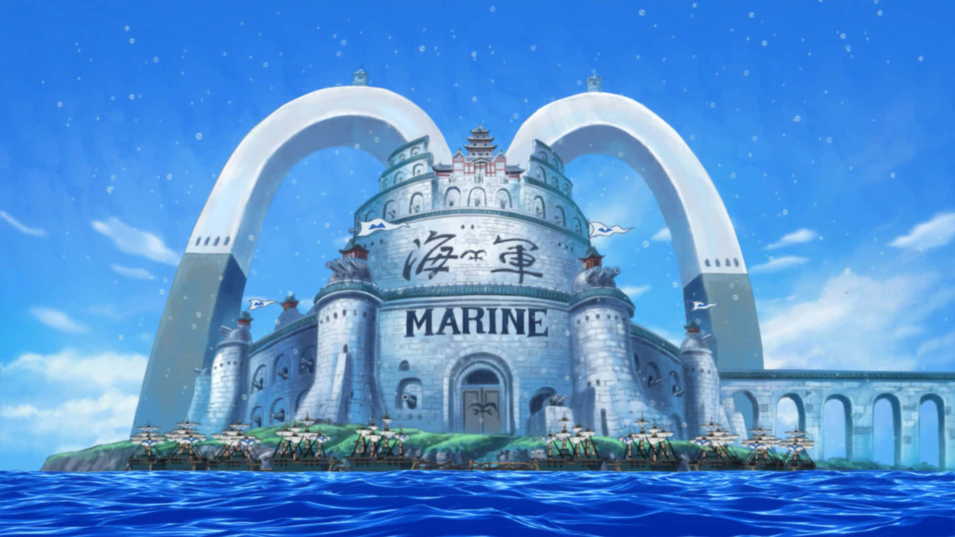 Marineford, floating island, twin arches, Full HD Desktop Wallpaper